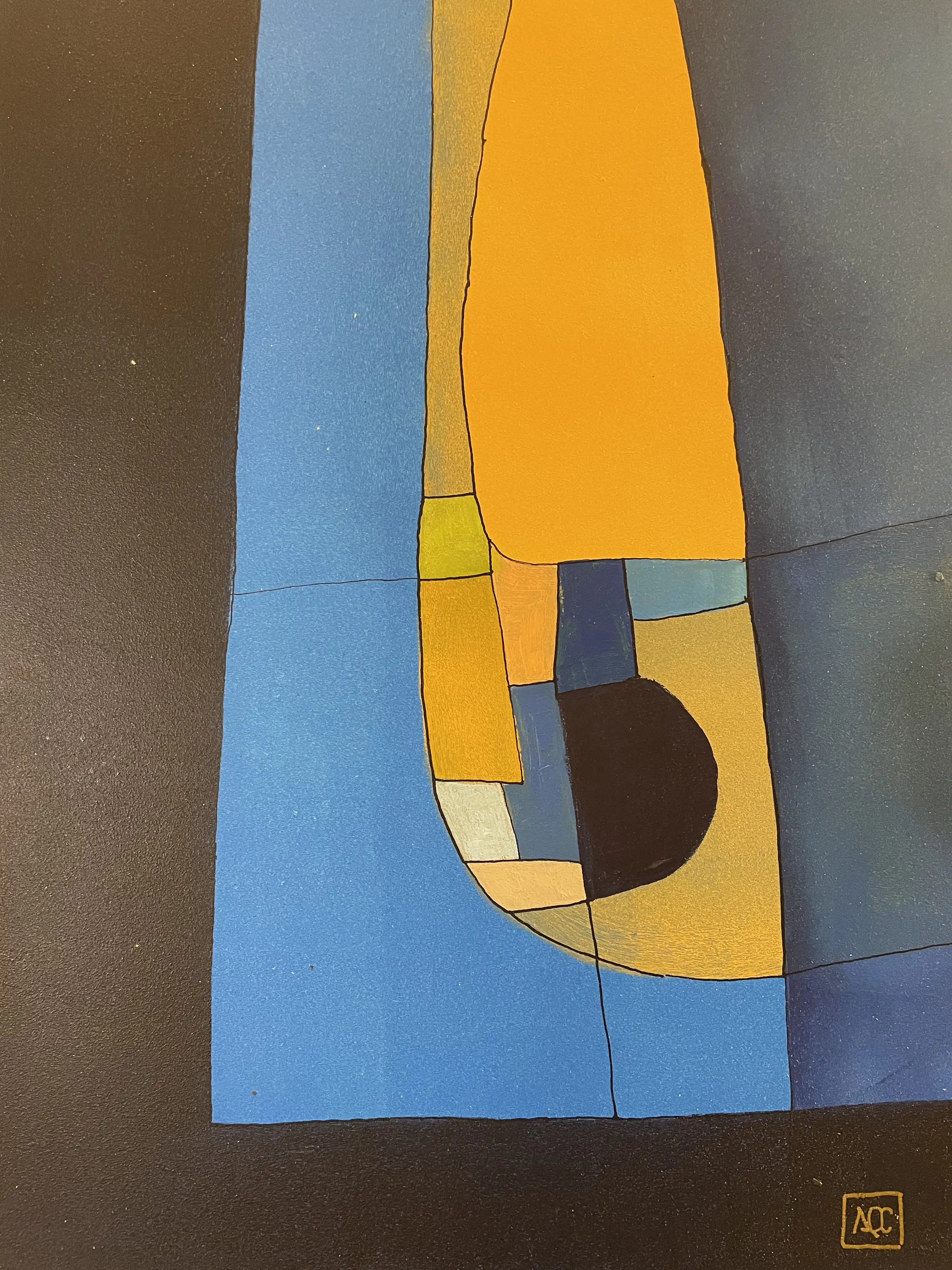 Geometric acrylic painting: dark brown, goldenrod, blue areas with curved forms and angular divisions in compact format