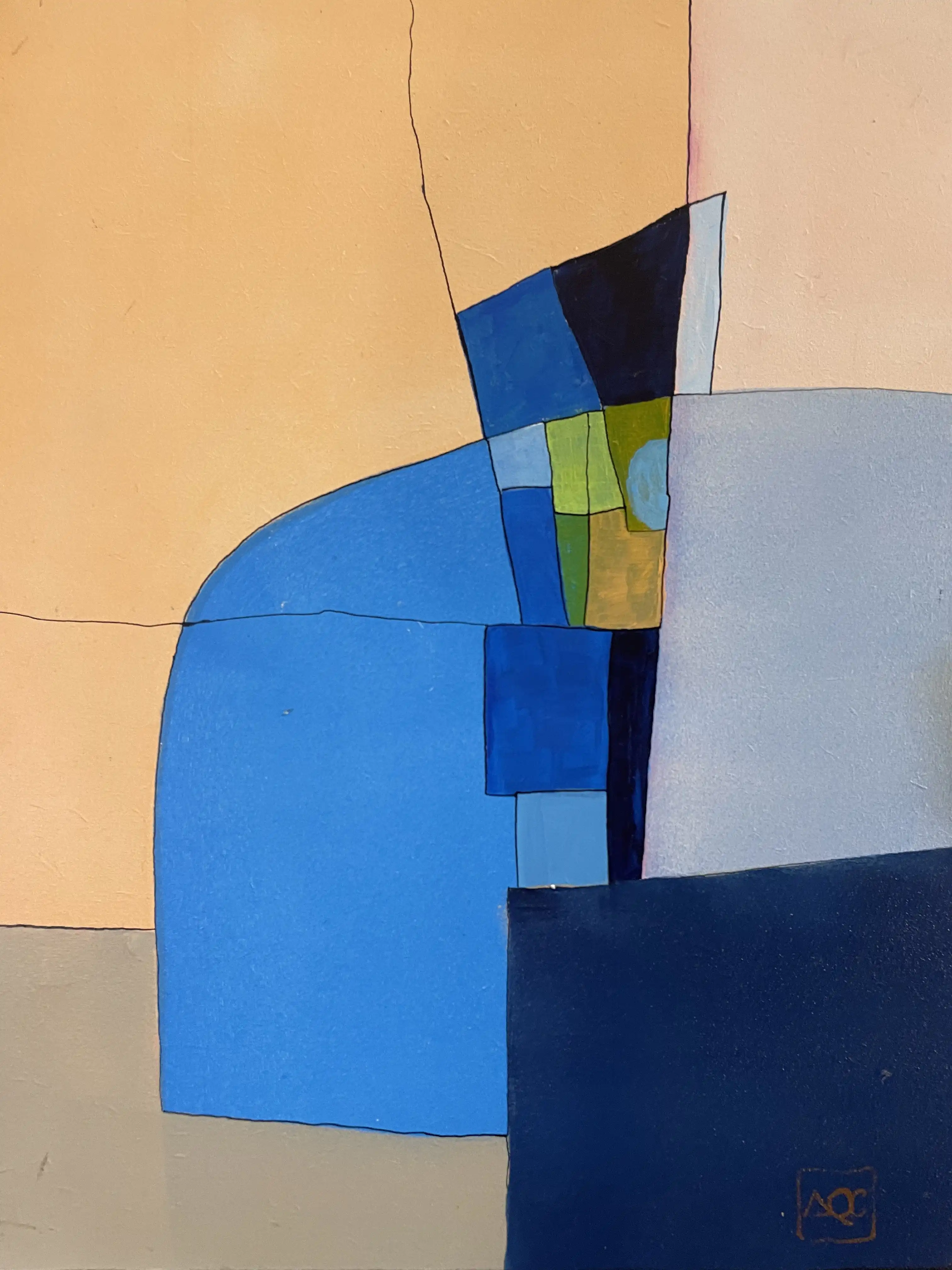 Peinture acrylique avec des formes géométriques orange, bleues et violettes arrangées en relations coloristes harmoniques sur panneau de bois