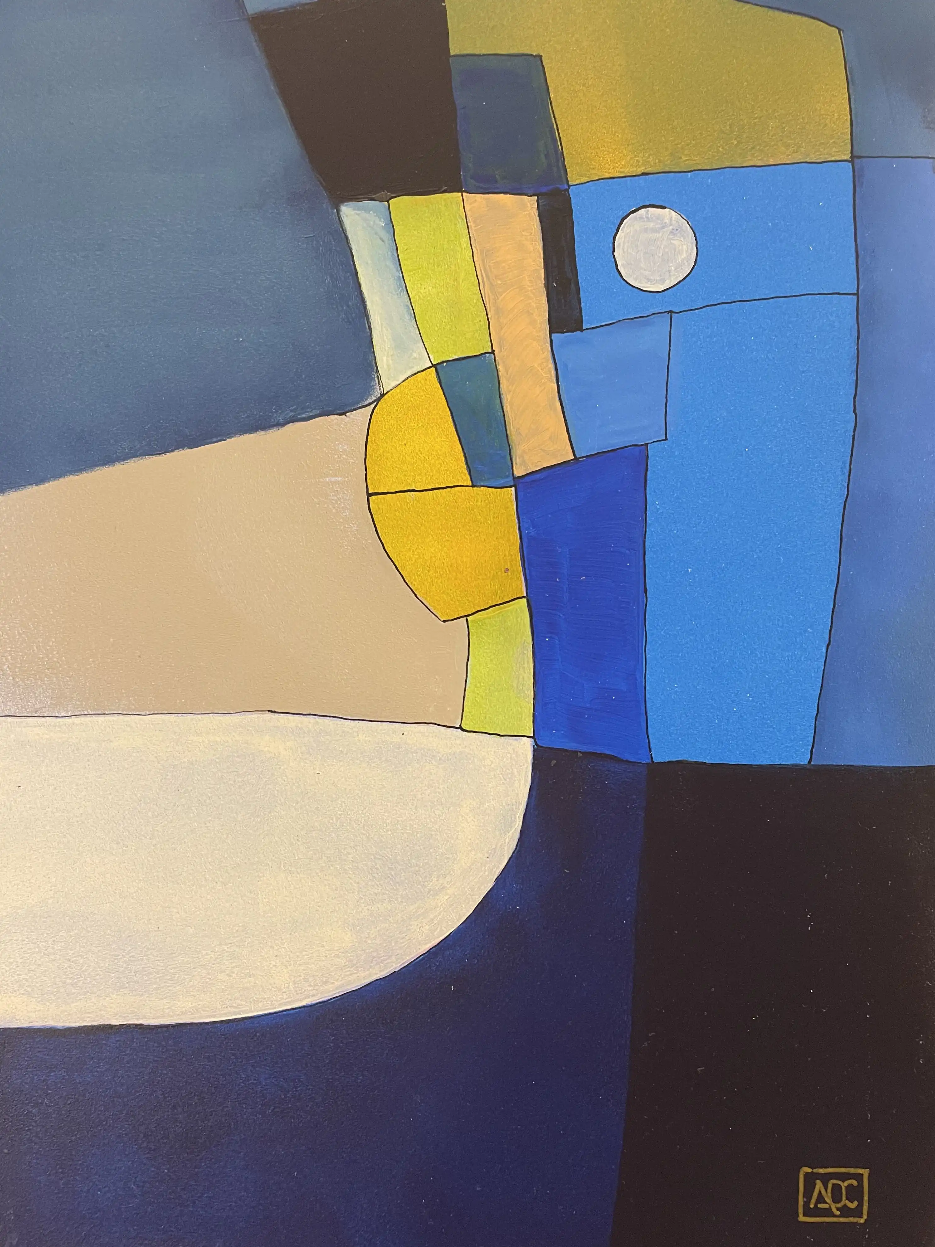 Acrylic painting with blue-violet geometric forms, yellow-orange areas, and bright accent colors in abstract composition