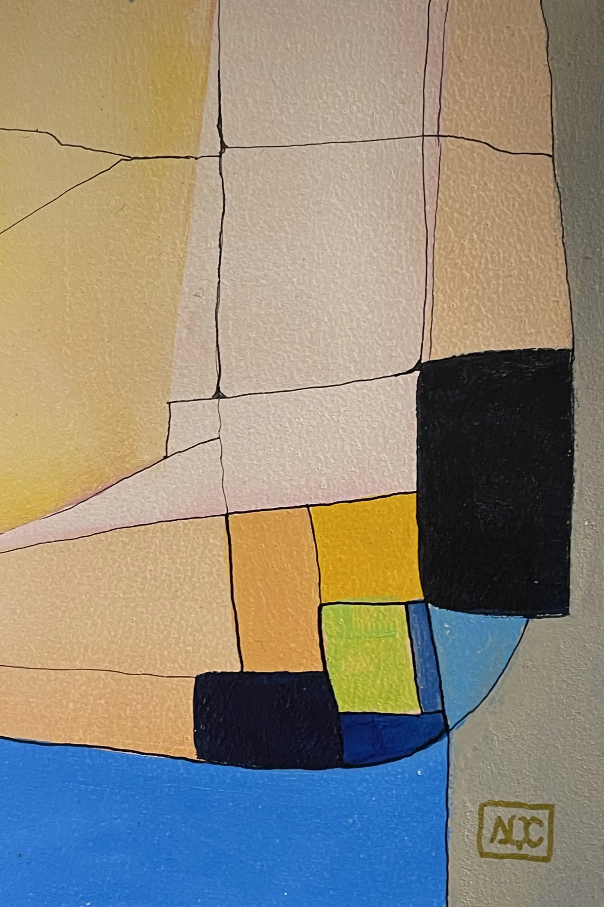 Acrylic painting: geometric blocks in ochre, tan, blue-violet, and black with yellow-green accents arranged harmonically