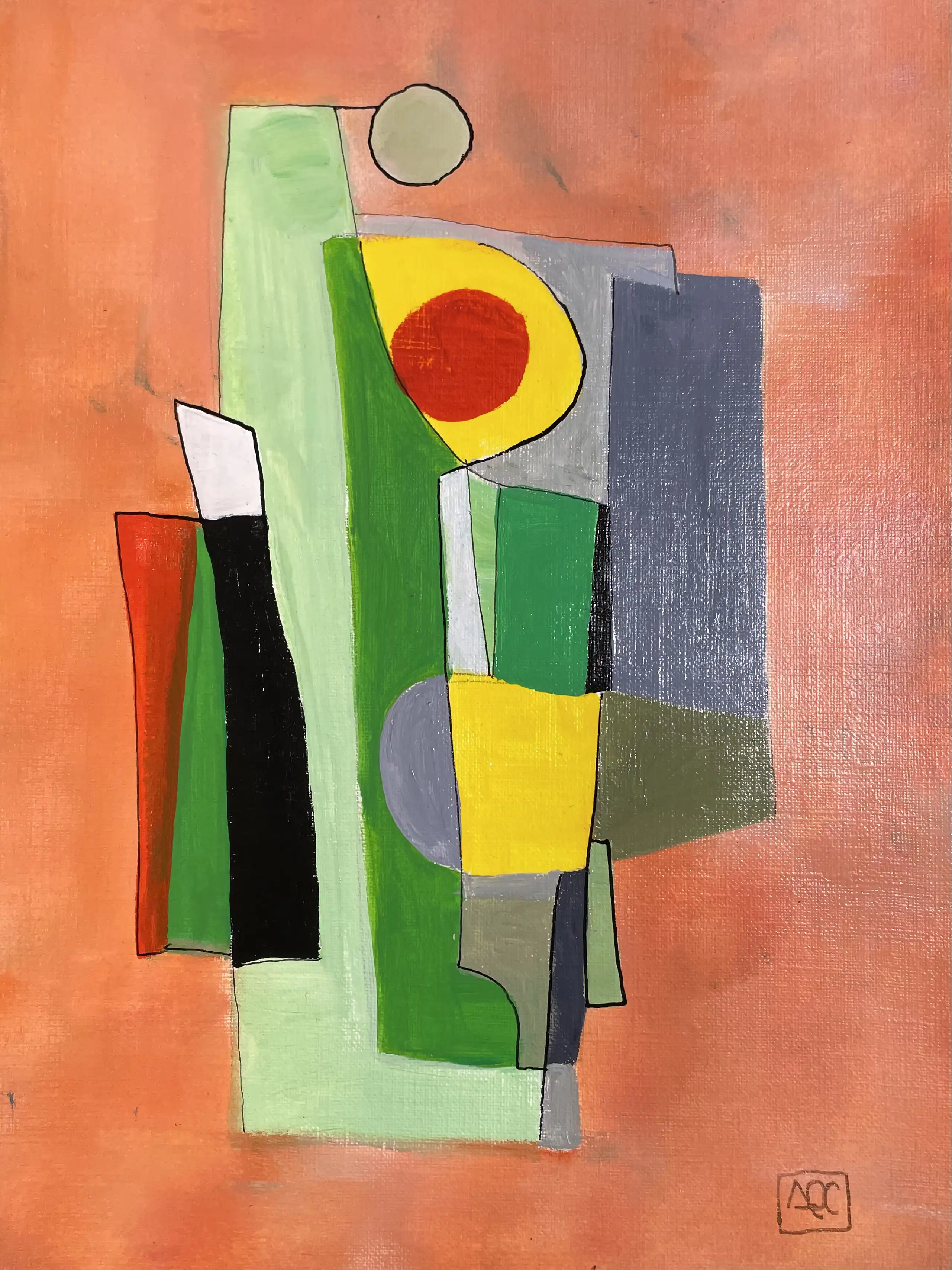 Acrylic painting with orange, yellow-green, and gray geometric forms arranged vertically on coral background