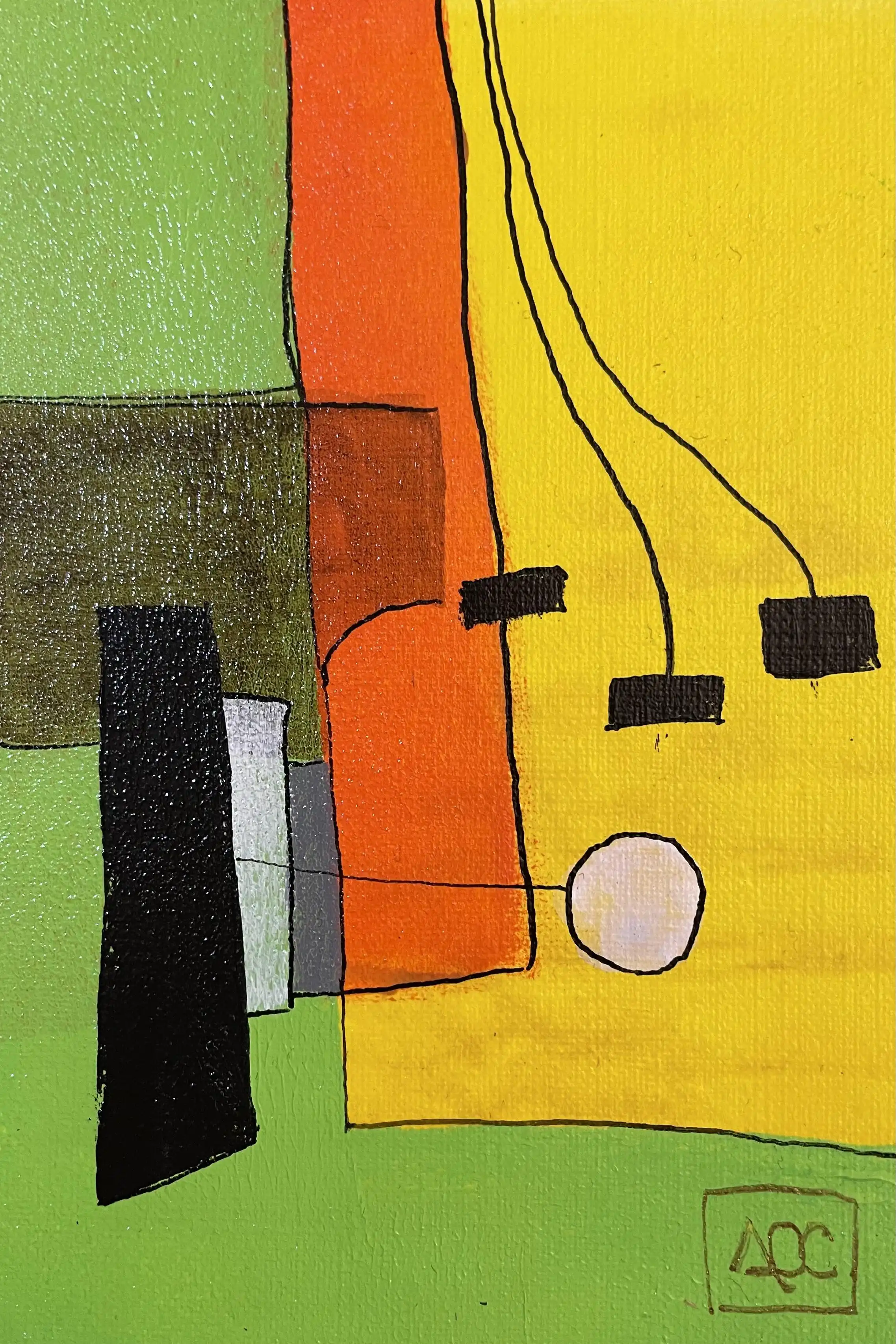 Peinture abstraite géométrique : zones jaune-orange et jaune-vert avec formes noires et accent rouge-orange en arrangement vertical