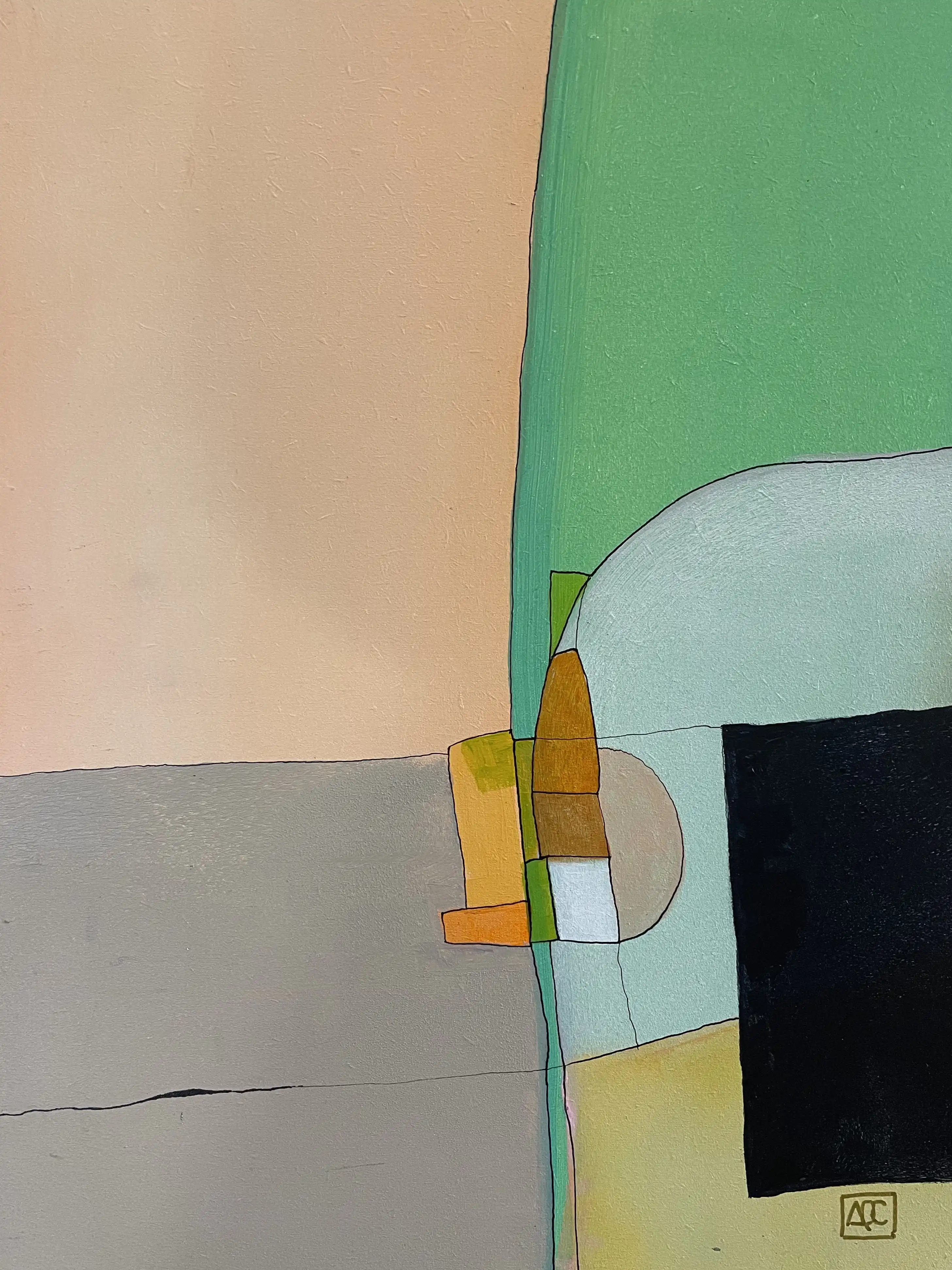 Peinture acrylique : formes géométriques orange, jaune-vert, et grises avec accents noirs en composition abstraite