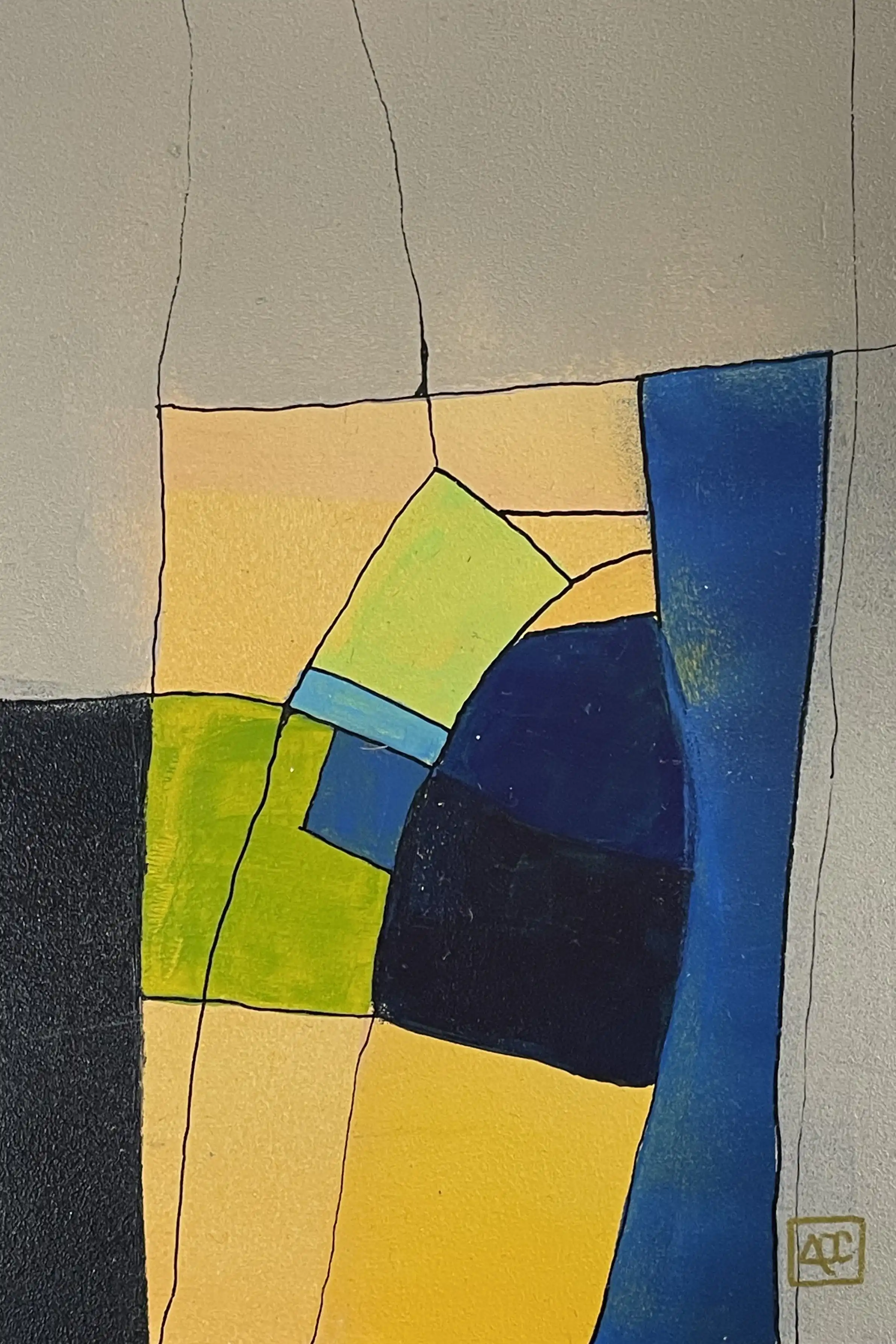 Peinture géométrique : sections jaune-orange, bleu-violet et gris avec couleurs d'accent dans un arrangement structuré