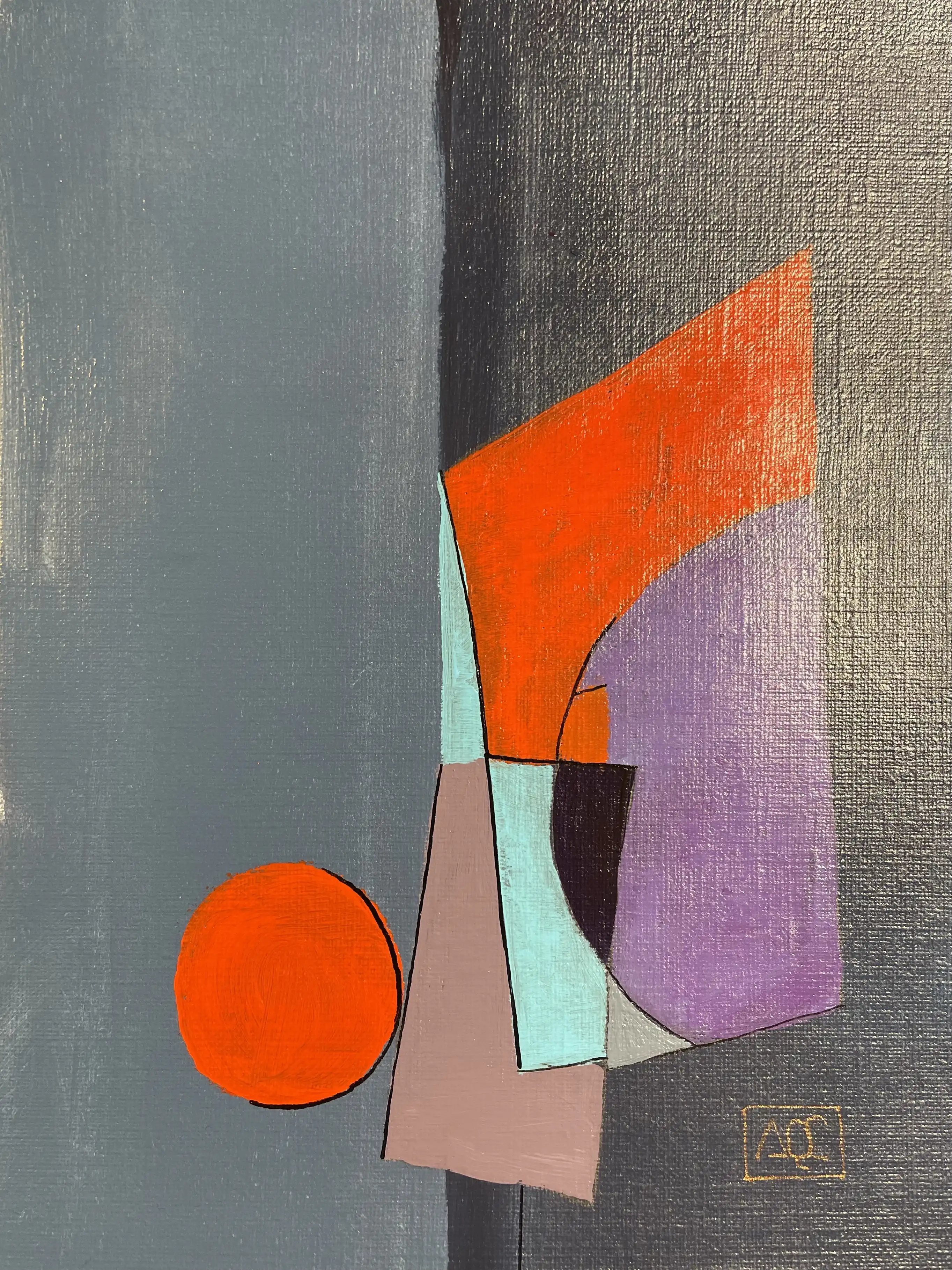 Eb Major by Arnaud Quercy at Art Quam Anima — Acrylic Painting on Paper, Geometric abstract painting with gray background, orange circle, and overlapping colored shapes in red-violet and mint green