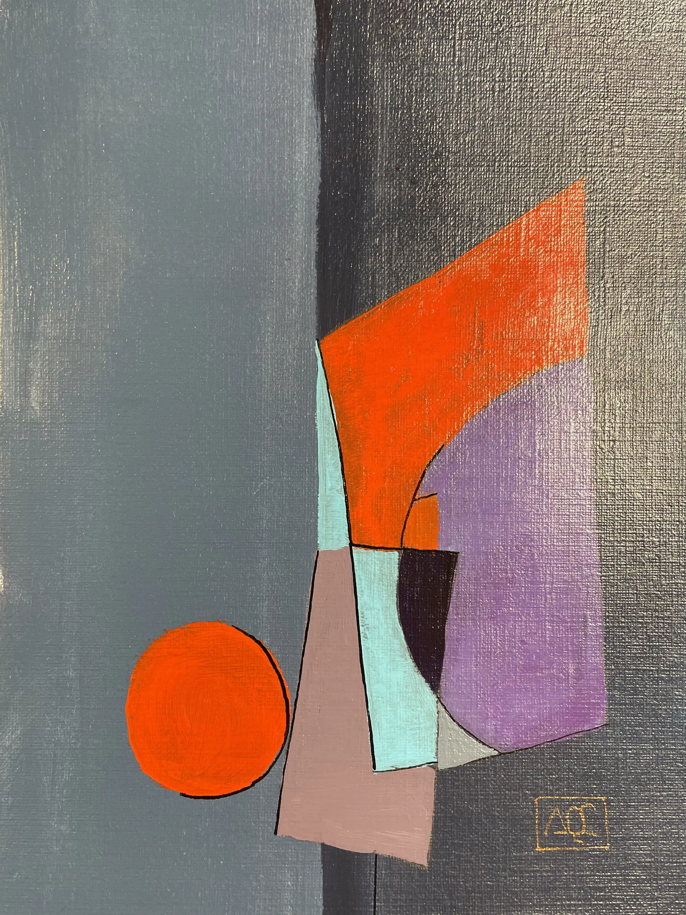 Peinture abstraite géométrique avec fond gris, cercle orange, et formes colorées superposées en rouge-violet et vert menthe