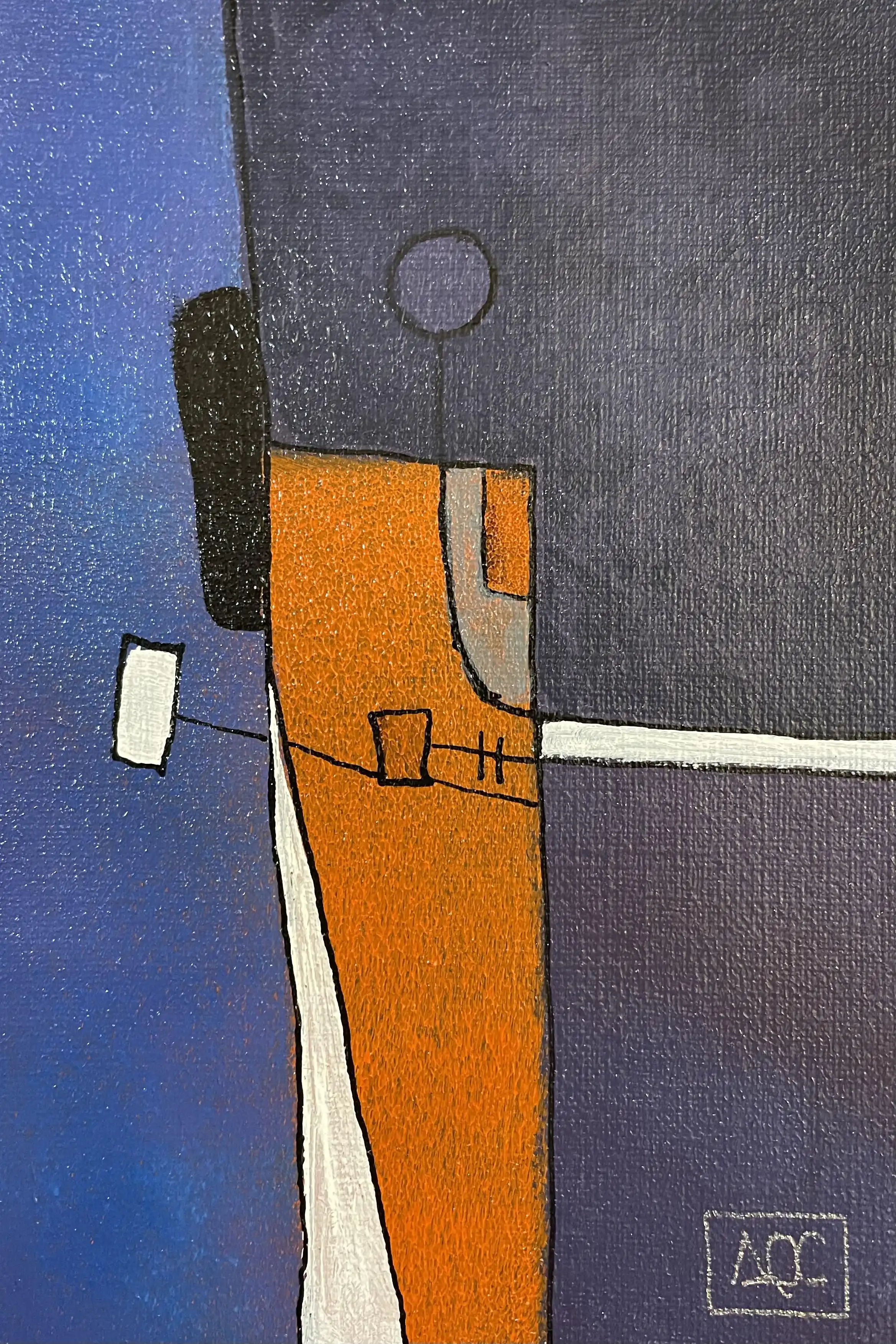 Peinture acrylique avec des formes géométriques violettes, bleu-violet, et orange représentant les tons de l'accord Mi bémol Majeur