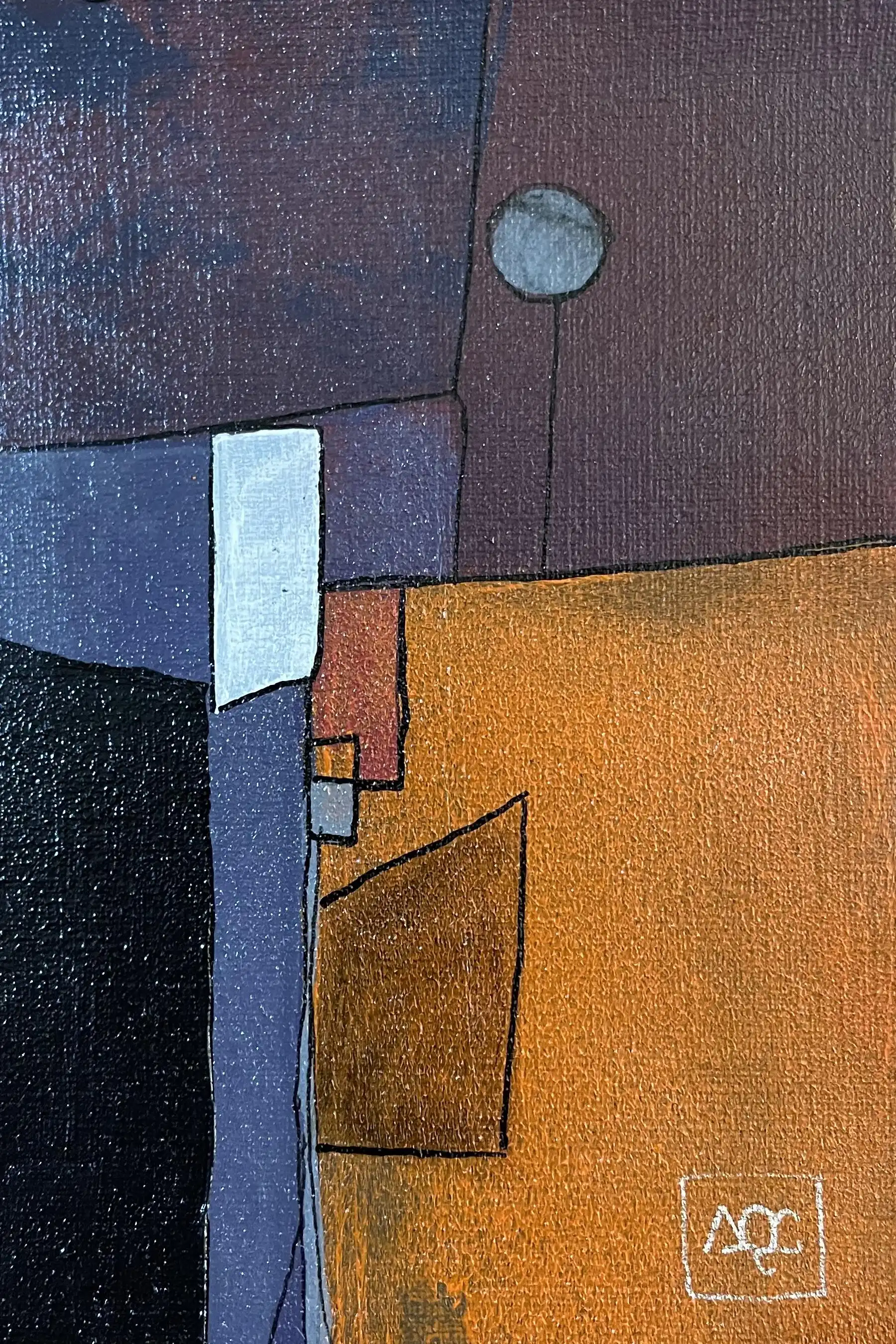 Peinture acrylique avec zones géométriques : zone supérieure violette, section inférieure orange, accents bleu-violet dans un arrangement structuré