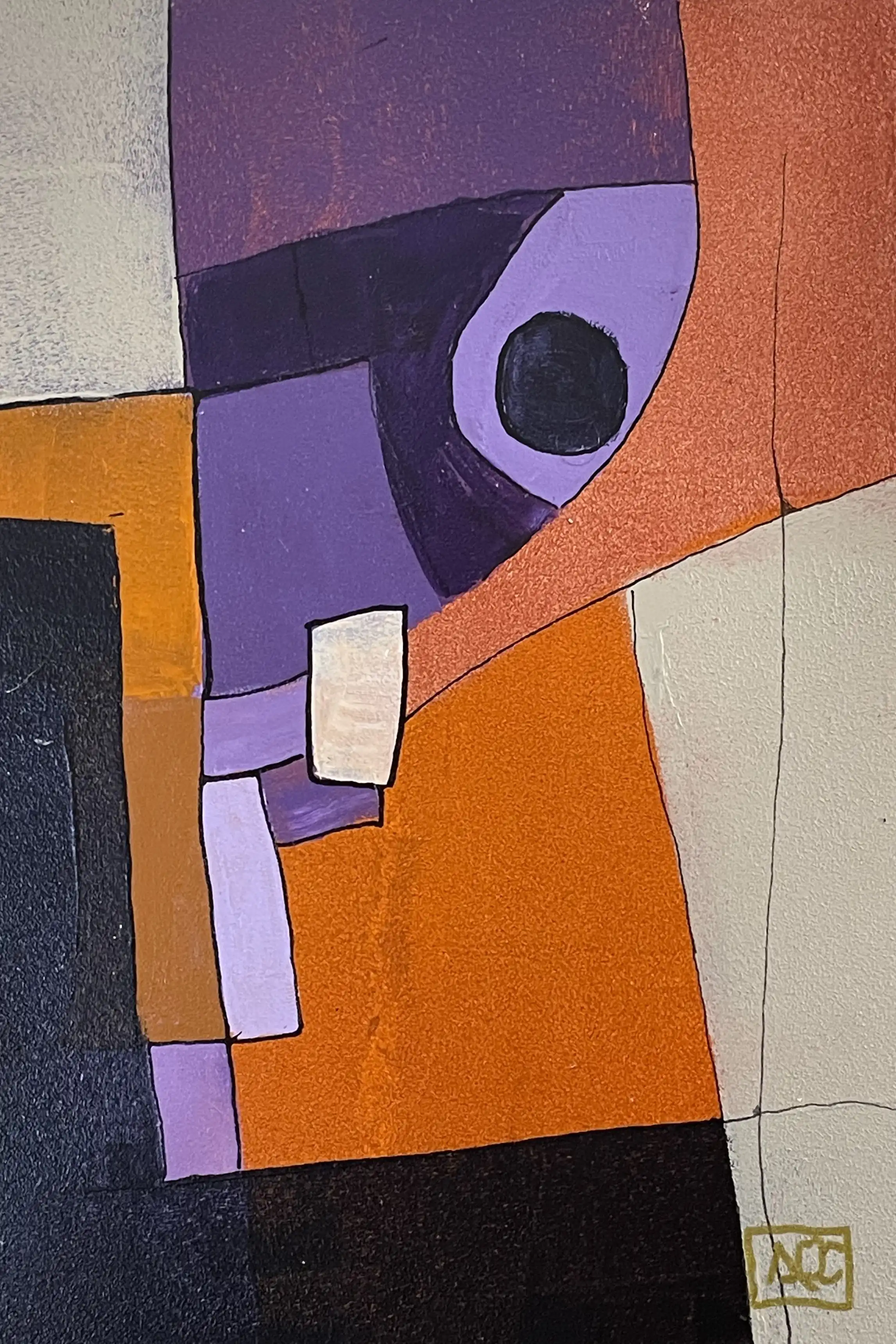 Abstract geometric painting: orange and violet angular forms with black accents in interlocking composition