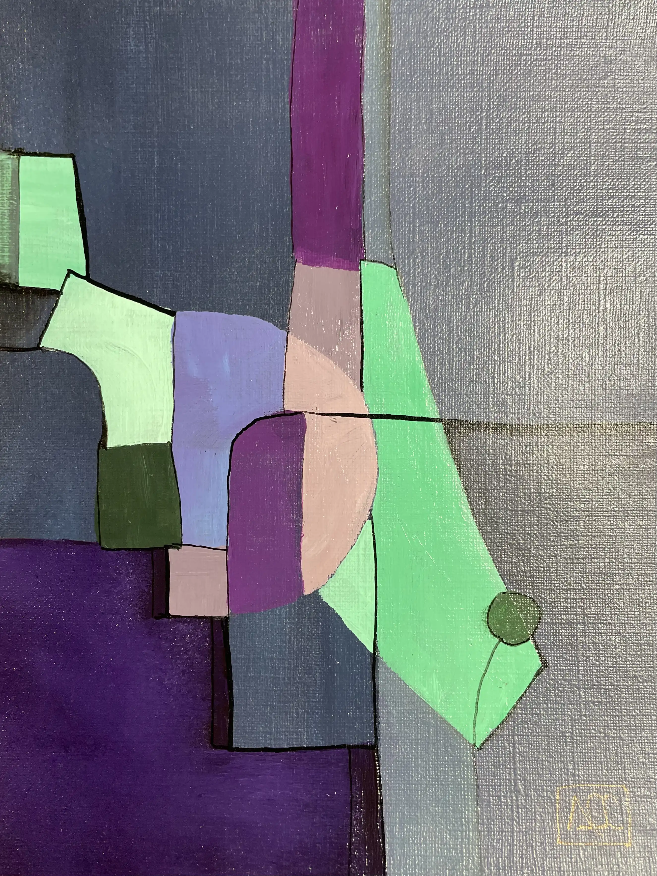 Acrylic painting with blue-violet and violet geometric forms, yellow-green accents on paper