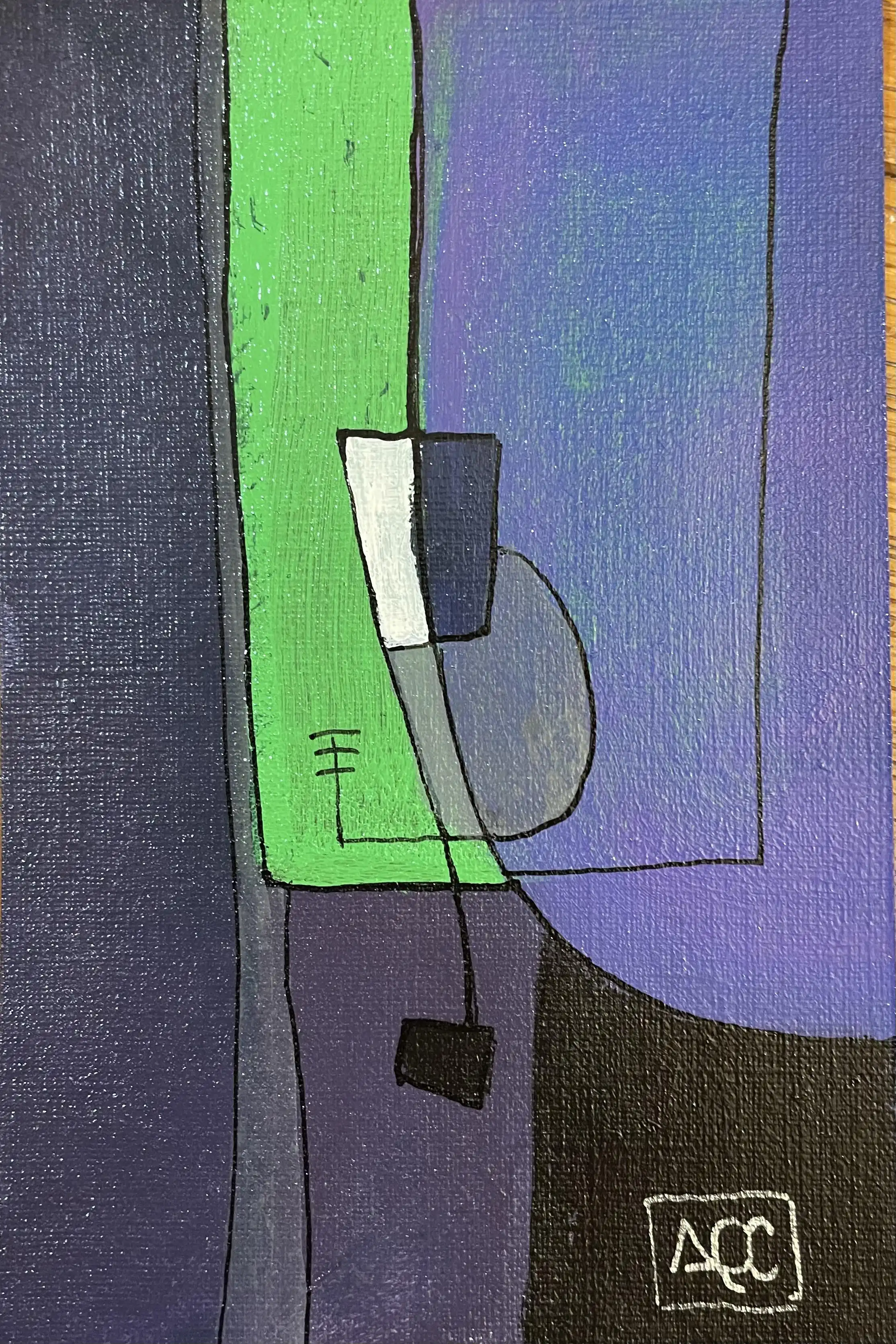 Acrylic painting with violet bands and green accent, geometric forms with black linear elements on paper