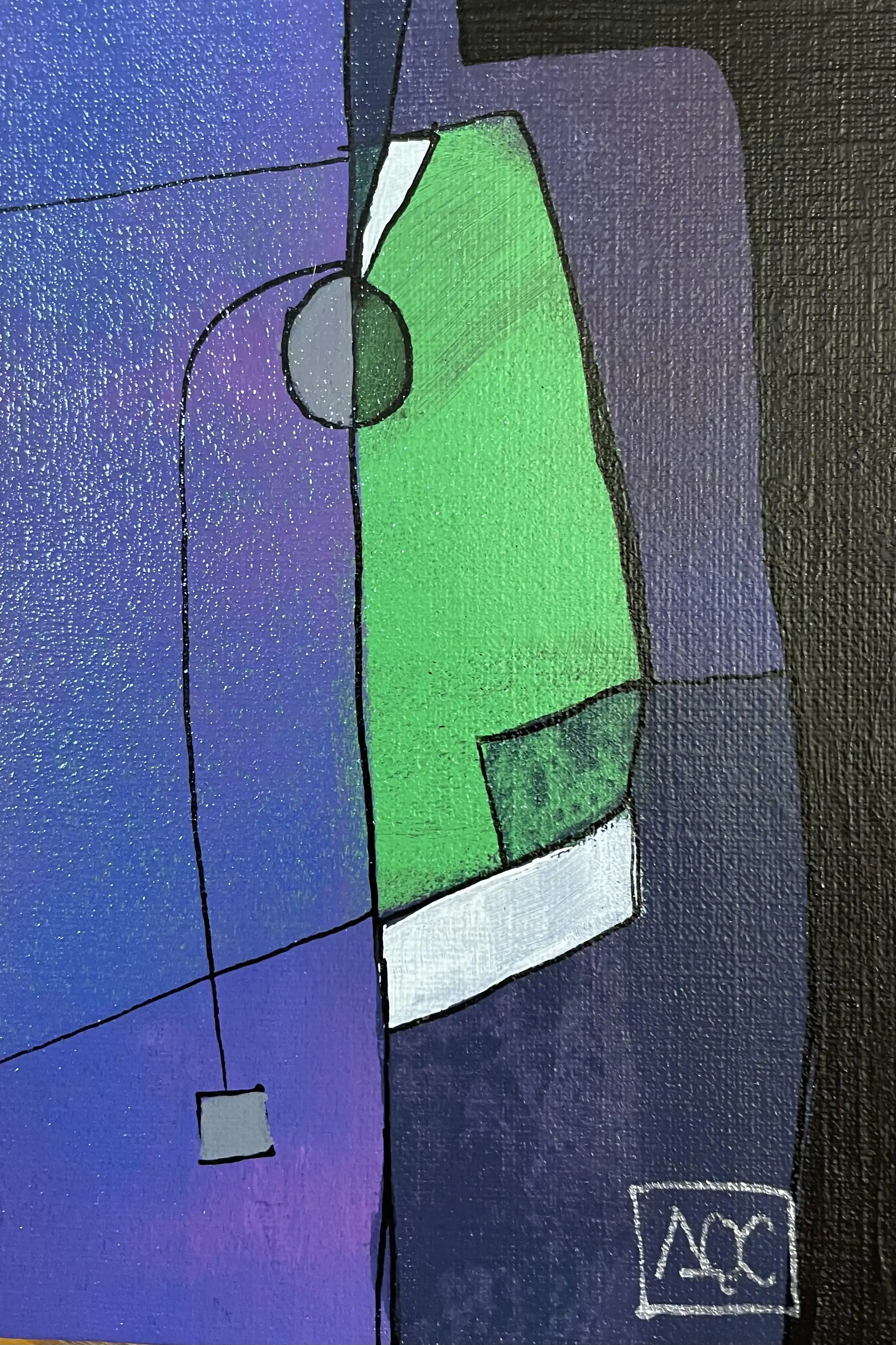 Acrylic painting: violet and blue-violet geometric forms with yellow-green accents in abstract composition