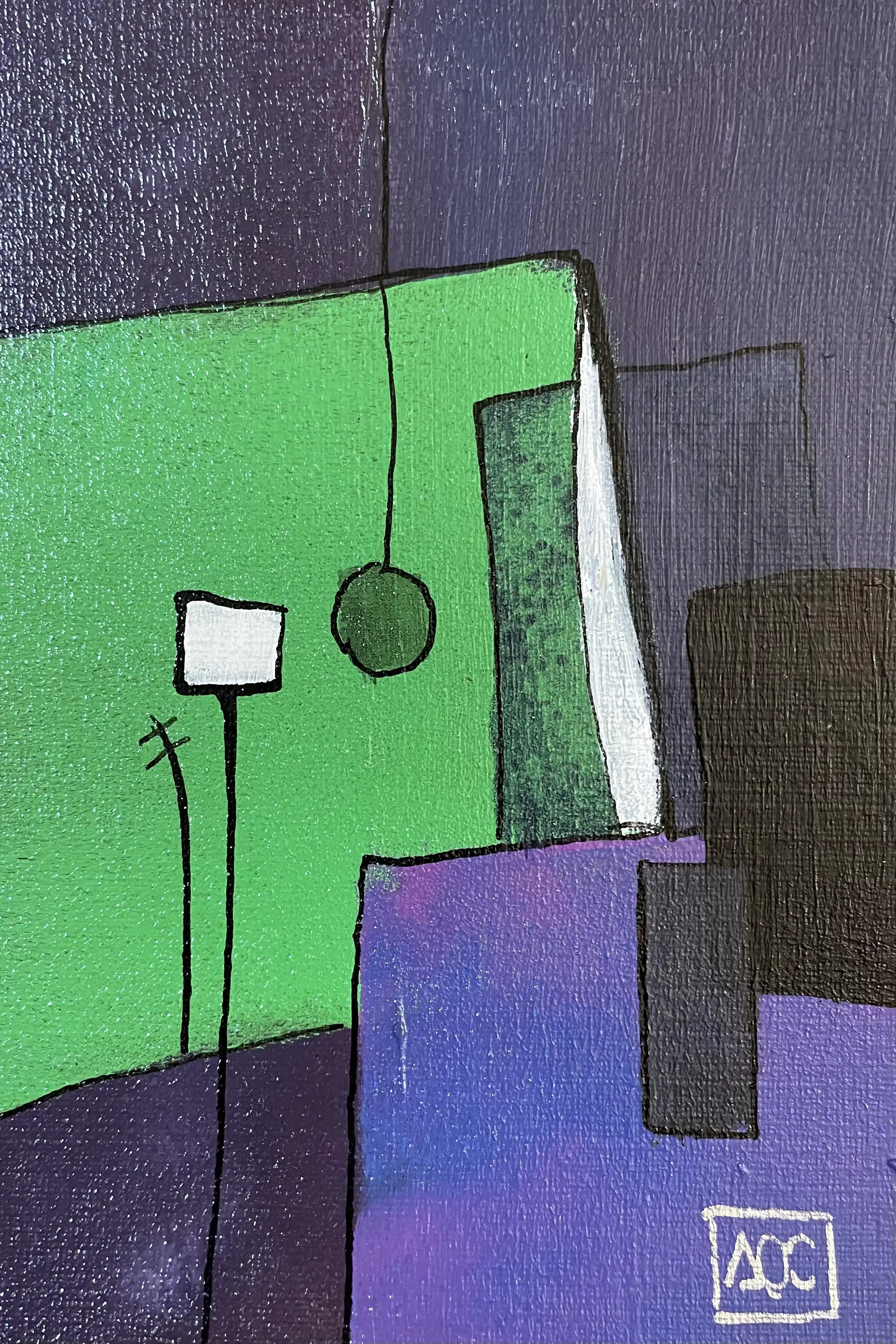 Acrylic painting: geometric forms in violet, green, and black arranged in angular composition with white accents