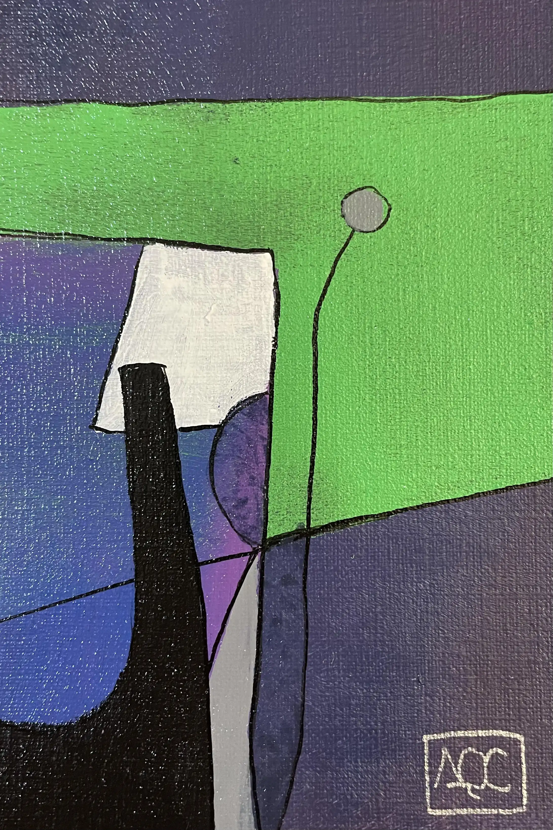 Acrylic painting: violet and yellow-green geometric forms with black anchor and red-violet accent in abstract composition