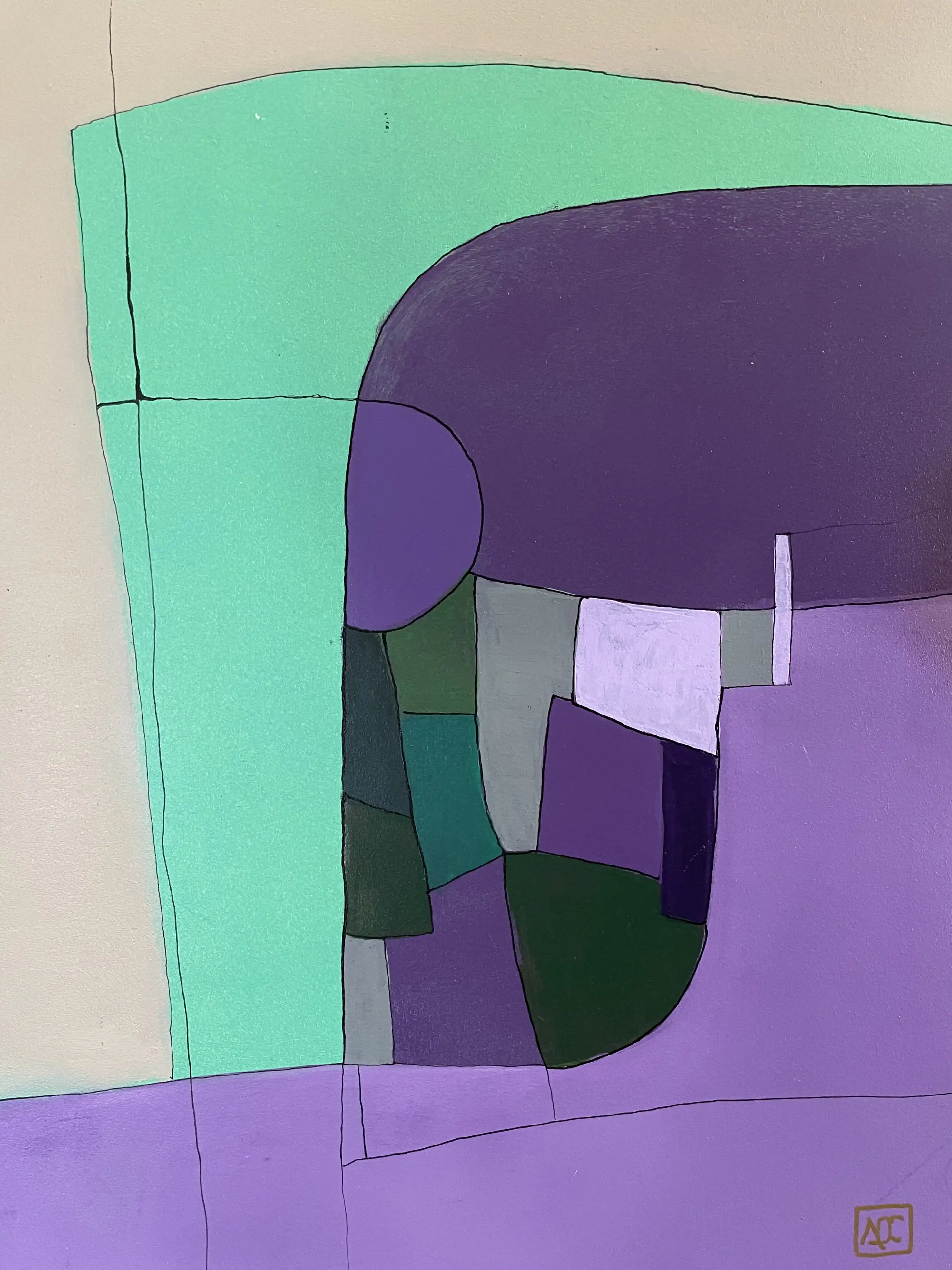 Peinture abstraite géométrique avec des formes violettes, aigue-marine et jaune-orange représentant les tons d'accord Mi bémol mineur