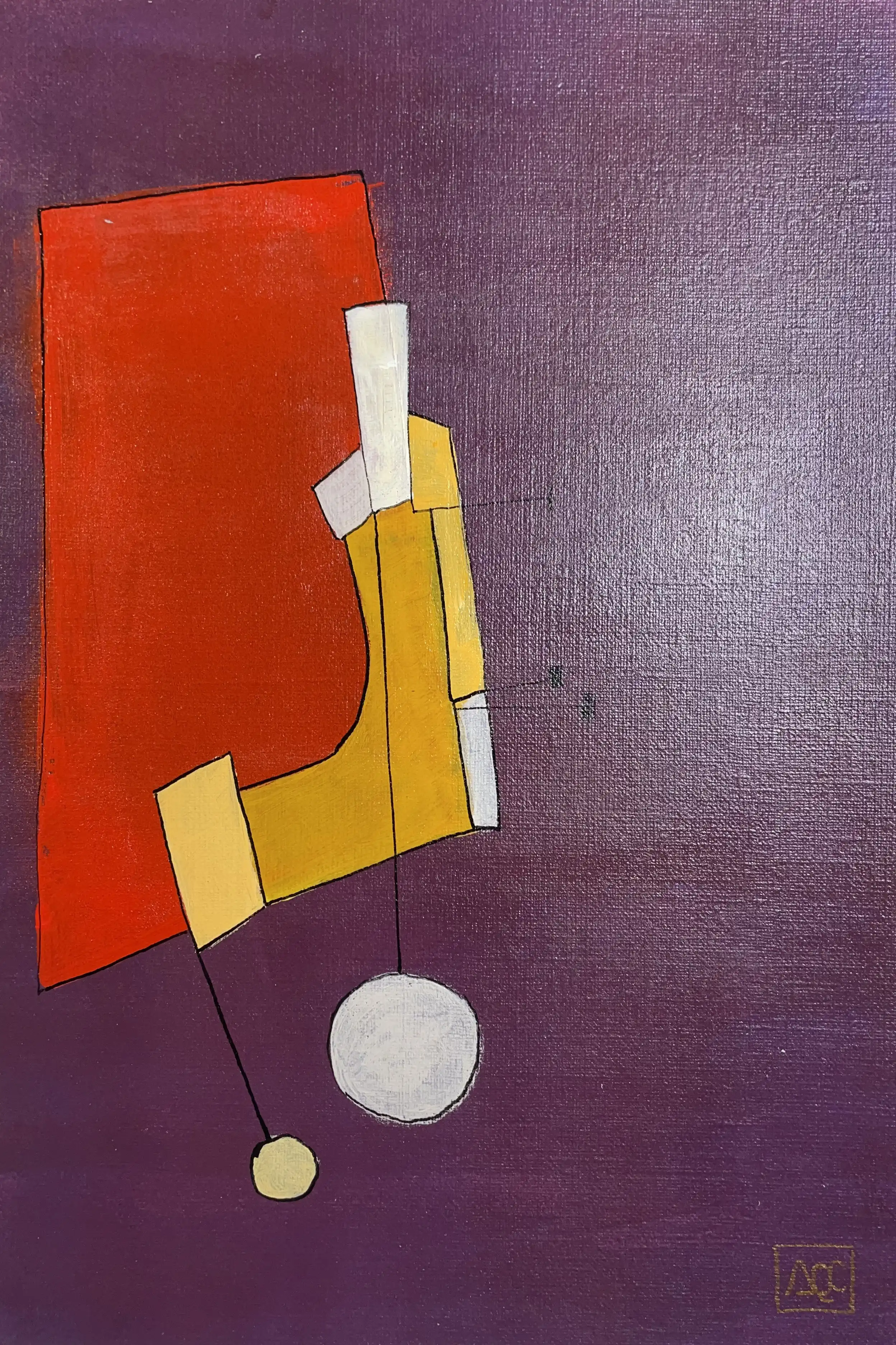 Geometric abstract painting: red-violet and red-orange shapes with yellow accents on purple background