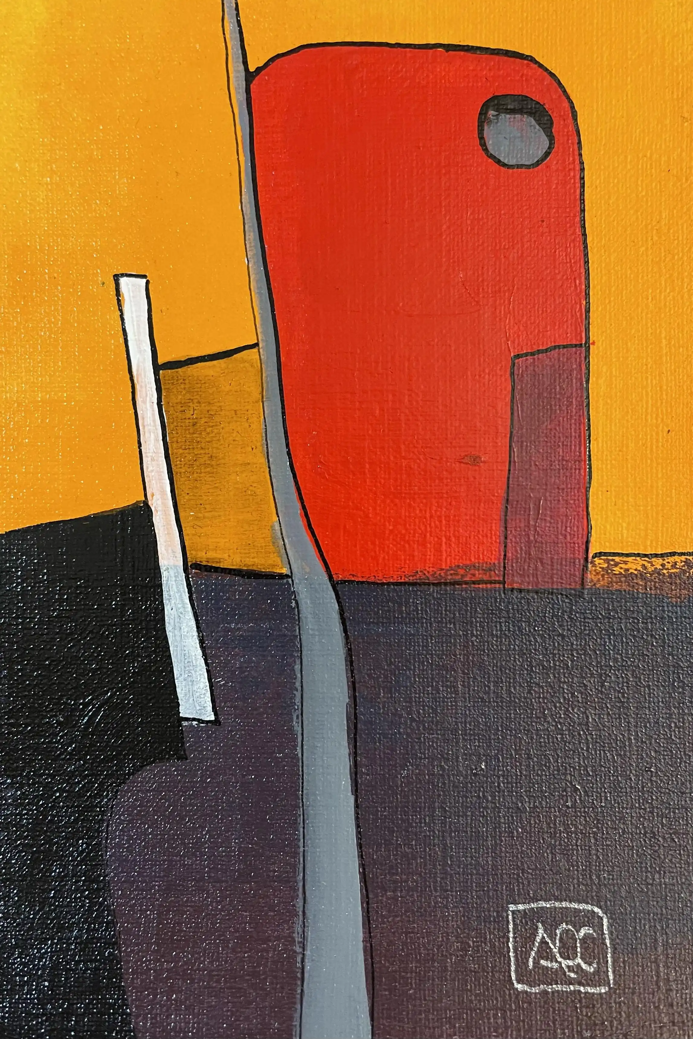 Acrylic painting: golden orange and red-orange geometric forms with dark accents on yellow background