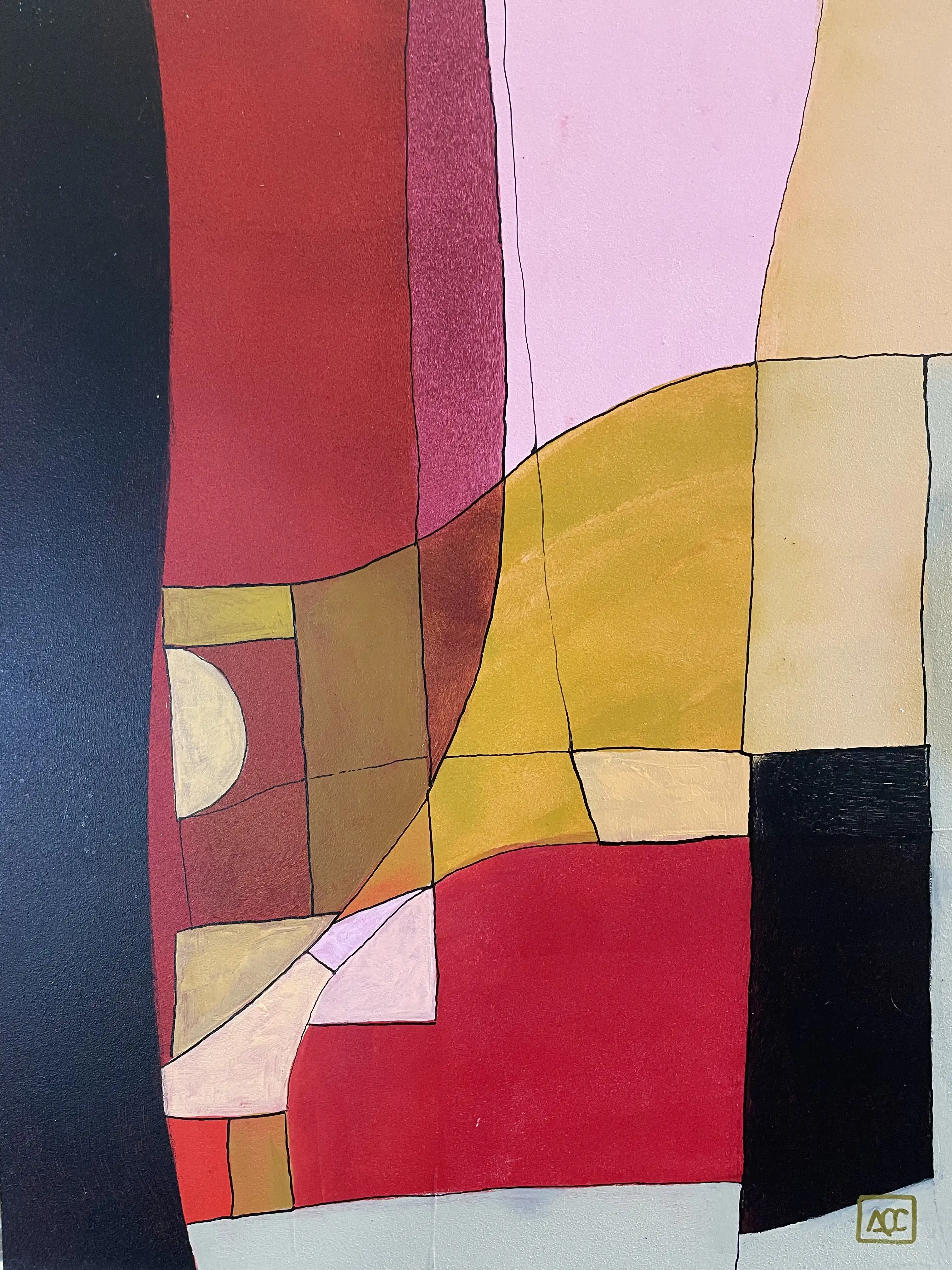 Acrylic painting: geometric color blocks in red-orange, yellow-orange, and red-violet with dark anchoring tones