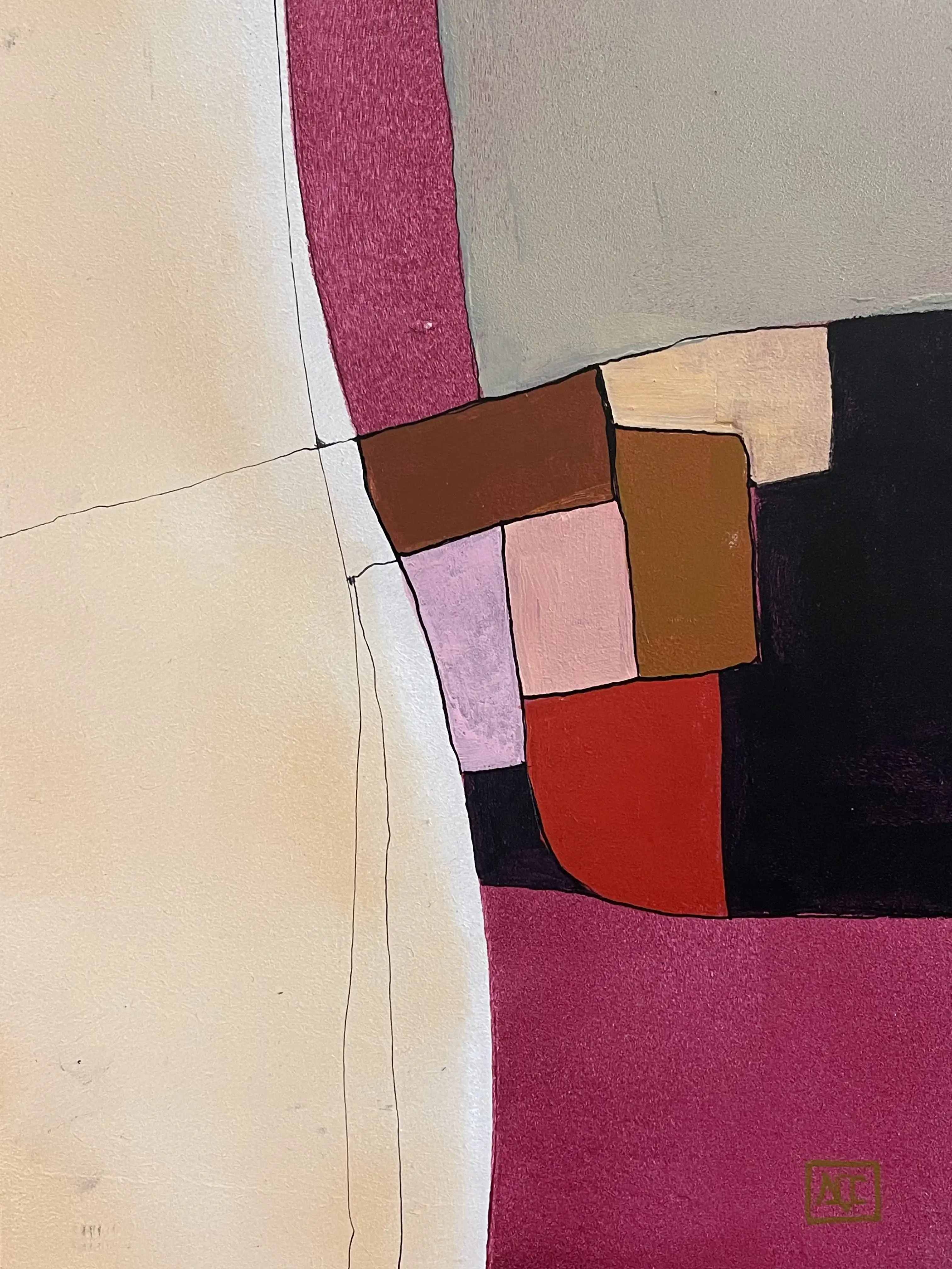 Geometric abstract painting with yellow-orange, red-violet, and red color blocks arranged in interlocking forms