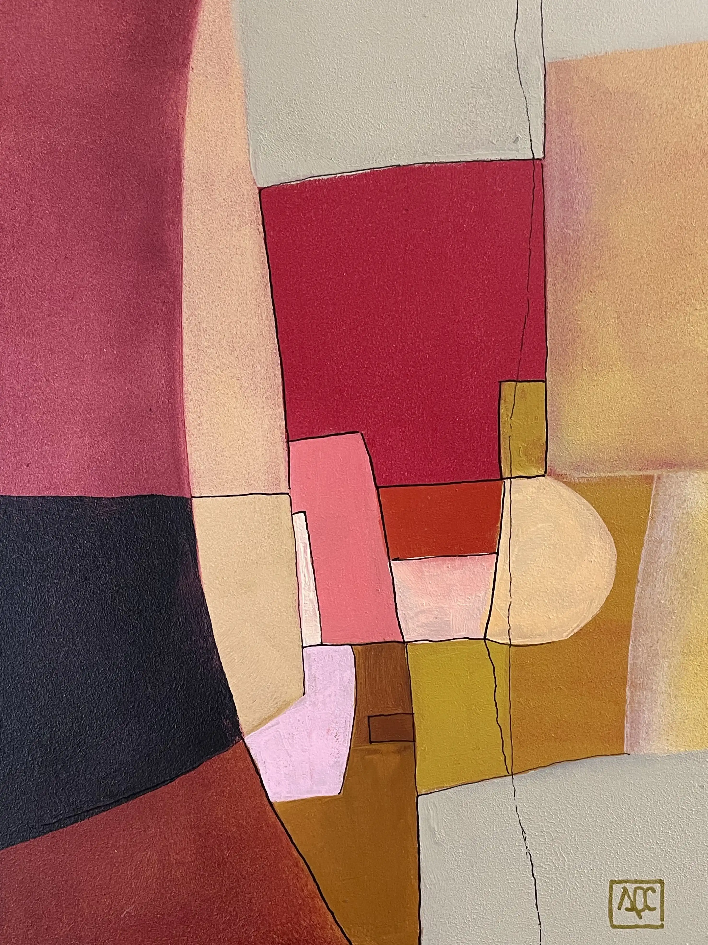 Acrylic painting: geometric forms in red-orange, orange, yellow-orange with black accents arranged in overlapping composition