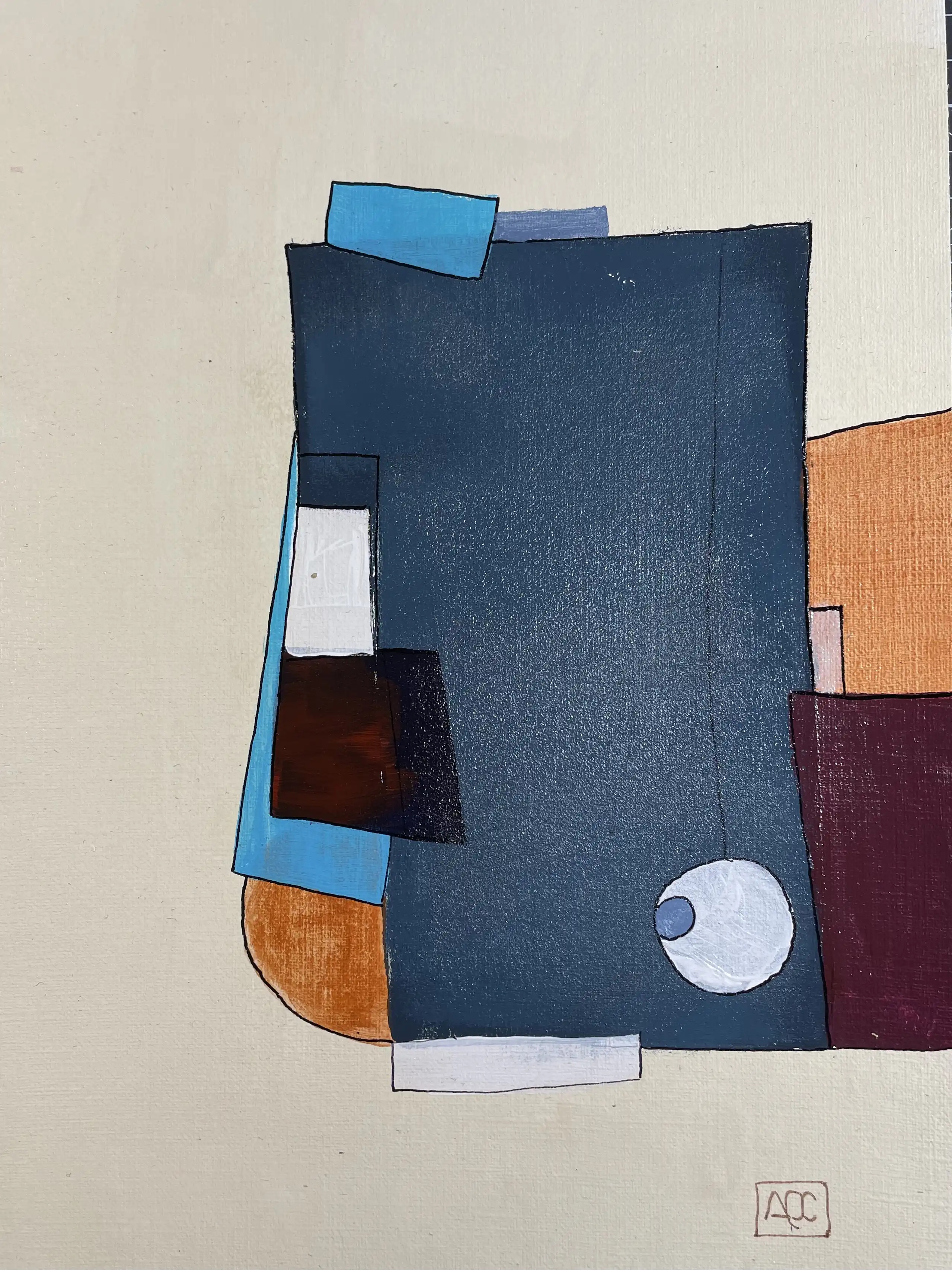 F minor by Arnaud Quercy at Art Quam Anima — Acrylic Painting on Paper, Acrylic study with silver, blue-violet, and gray geometric forms arranged in harmonic color relationships