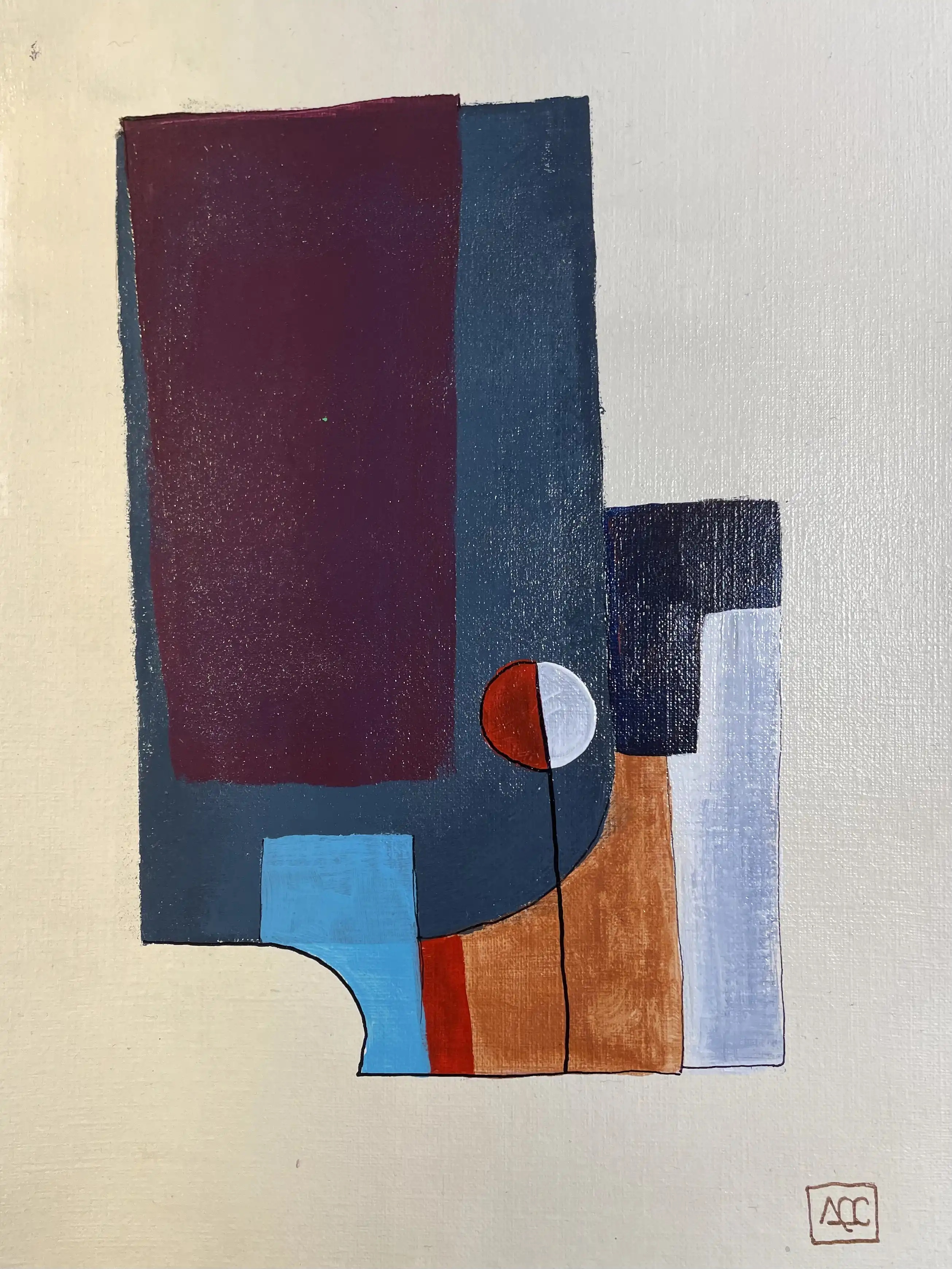 F minor - Variation 1 by Arnaud Quercy at Art Quam Anima — Acrylic Painting on Paper, Acrylic geometric composition: light gray, dusty mauve, blue-violet blocks with yellow-orange accents in structured arrangement