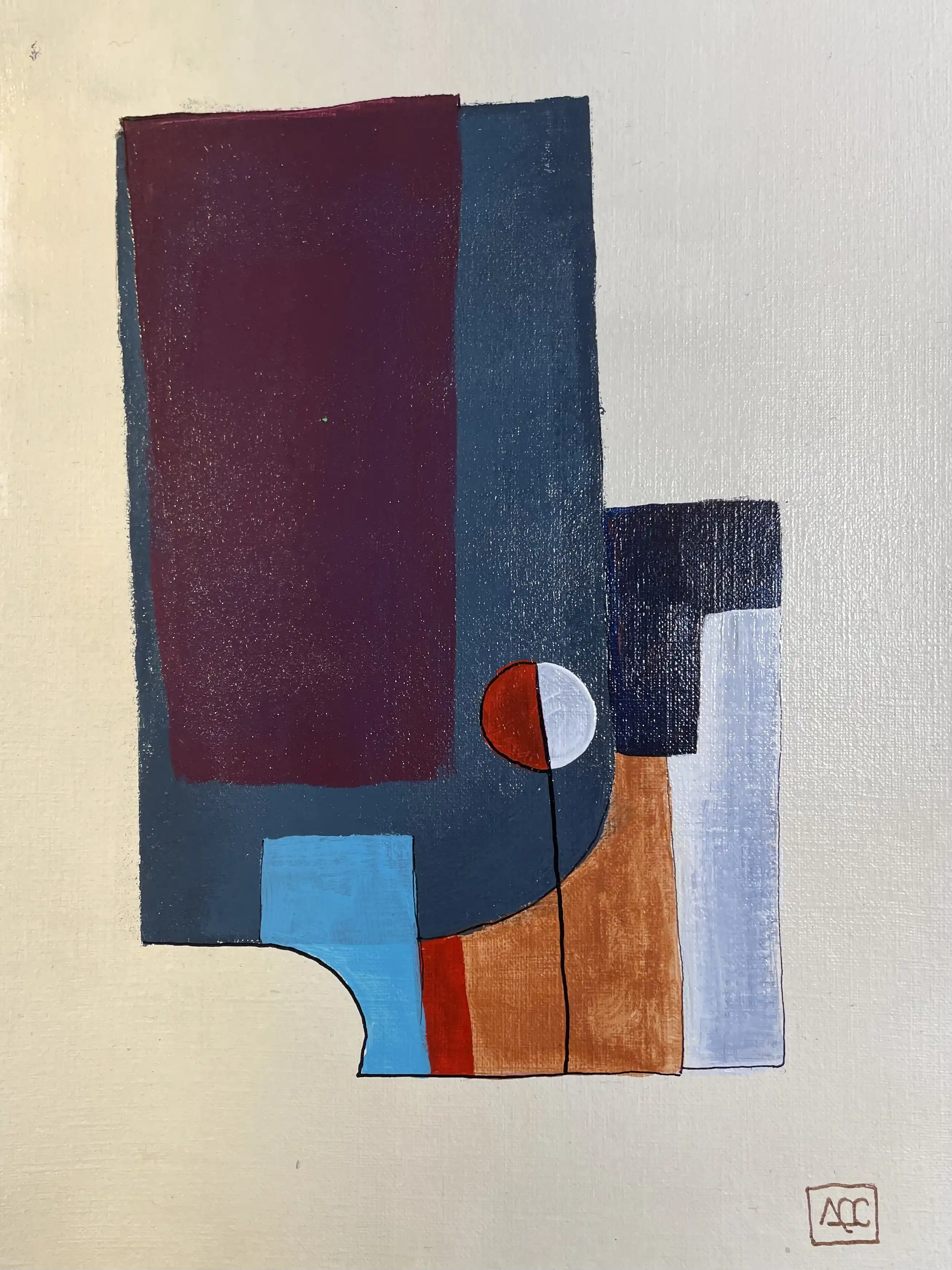 Composition géométrique acrylique : blocs gris clair, mauve poussiéreux, bleu-violet avec accents jaune-orange en arrangement structuré