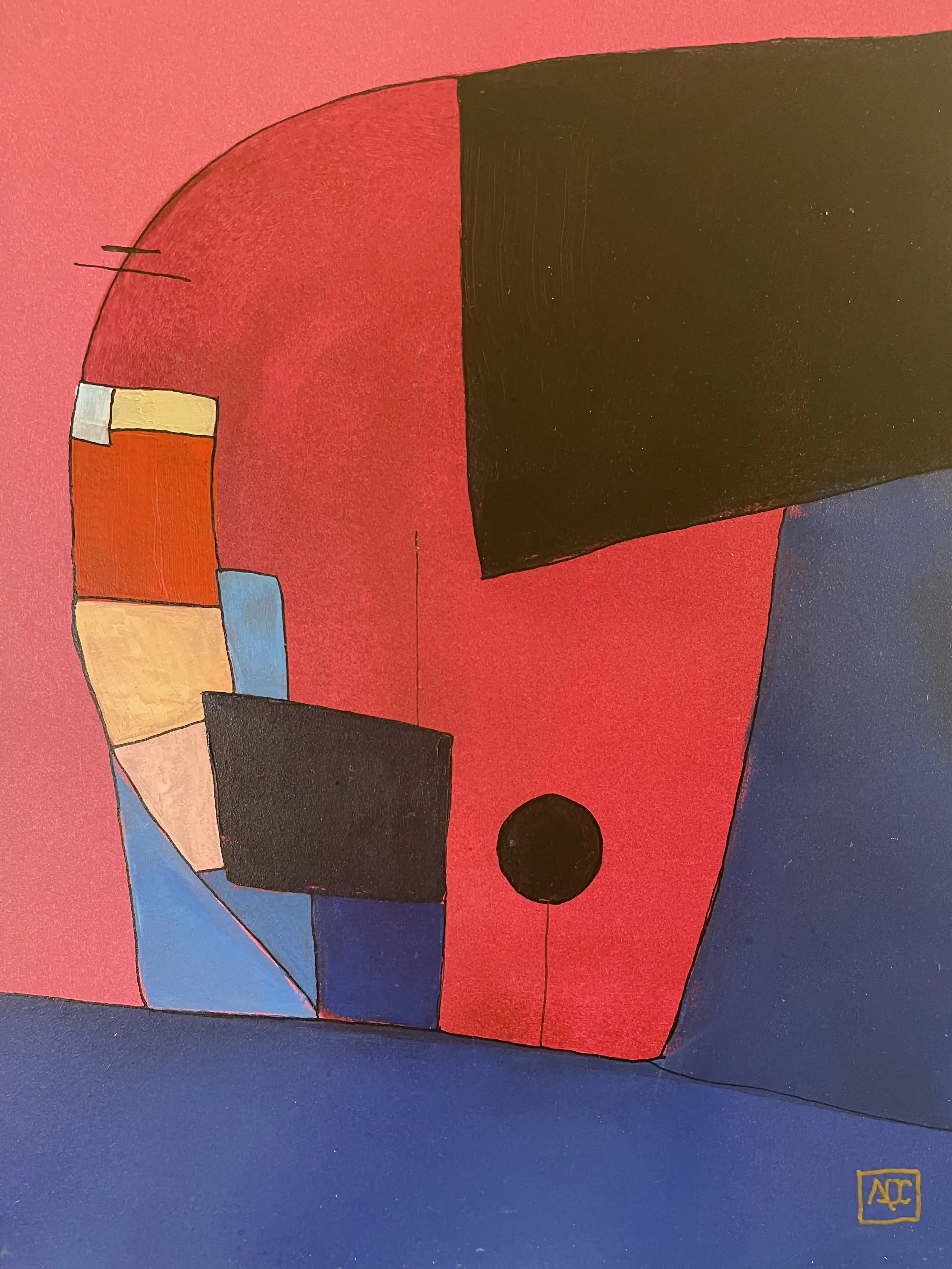 Acrylic painting: geometric forms in red-orange, violet, and brown arranged in angular composition on wood panel