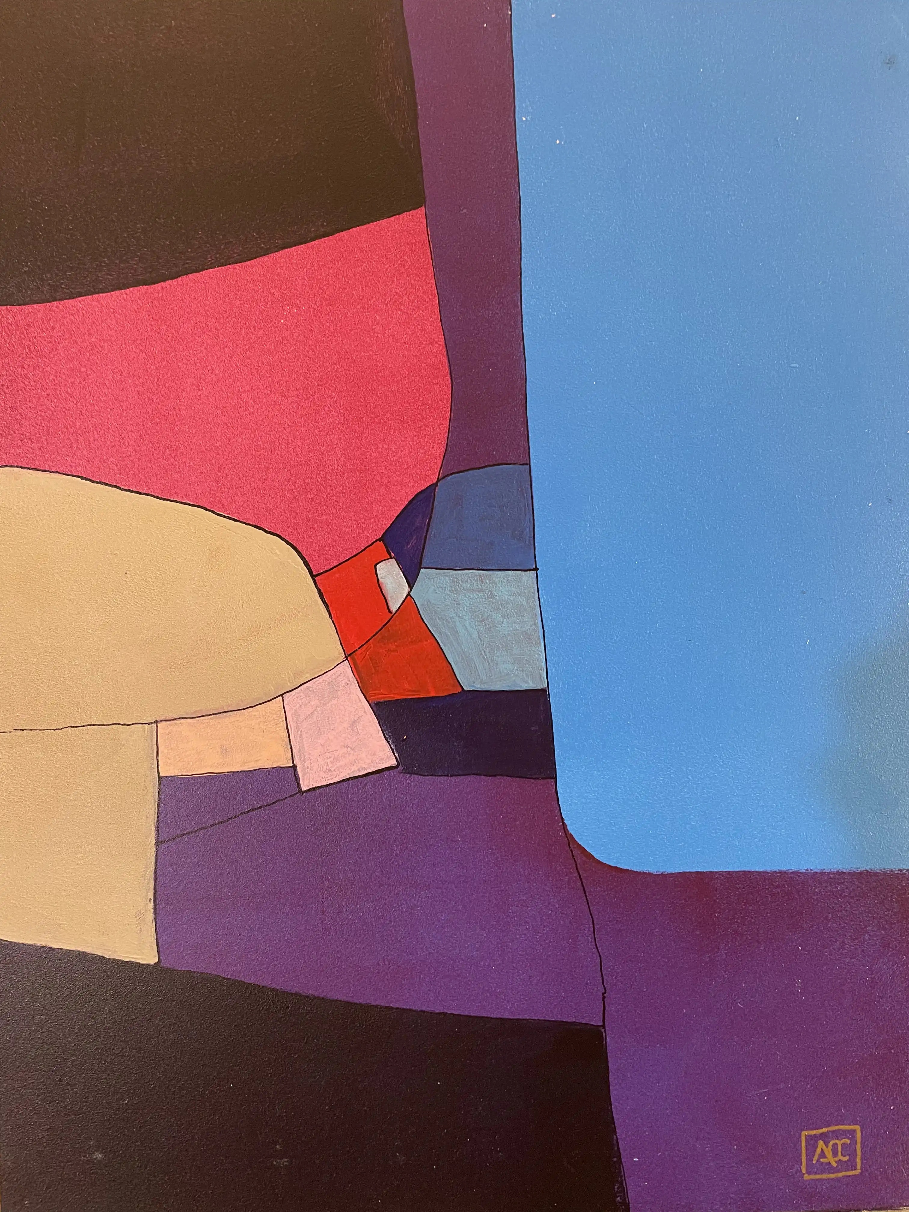 F Minor - Variation 11 by Arnaud Quercy at Art Quam Anima — Acrylic Painting on Wood Panel, Acrylic painting with blue-violet, red-violet, and orange geometric forms arranged in chromesthetic harmony translation
