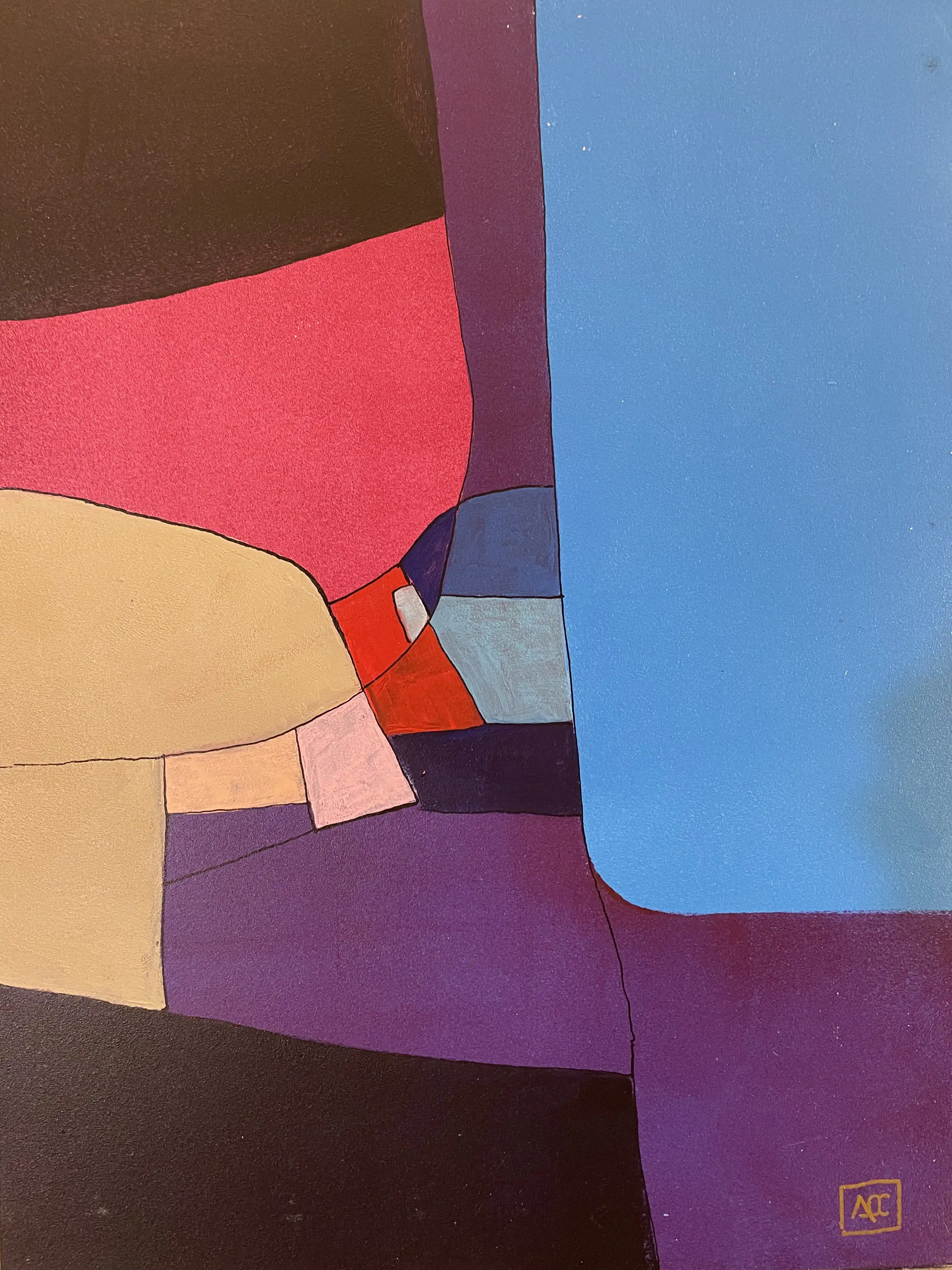 Acrylic painting with blue-violet, red-violet, and orange geometric forms arranged in chromesthetic harmony translation