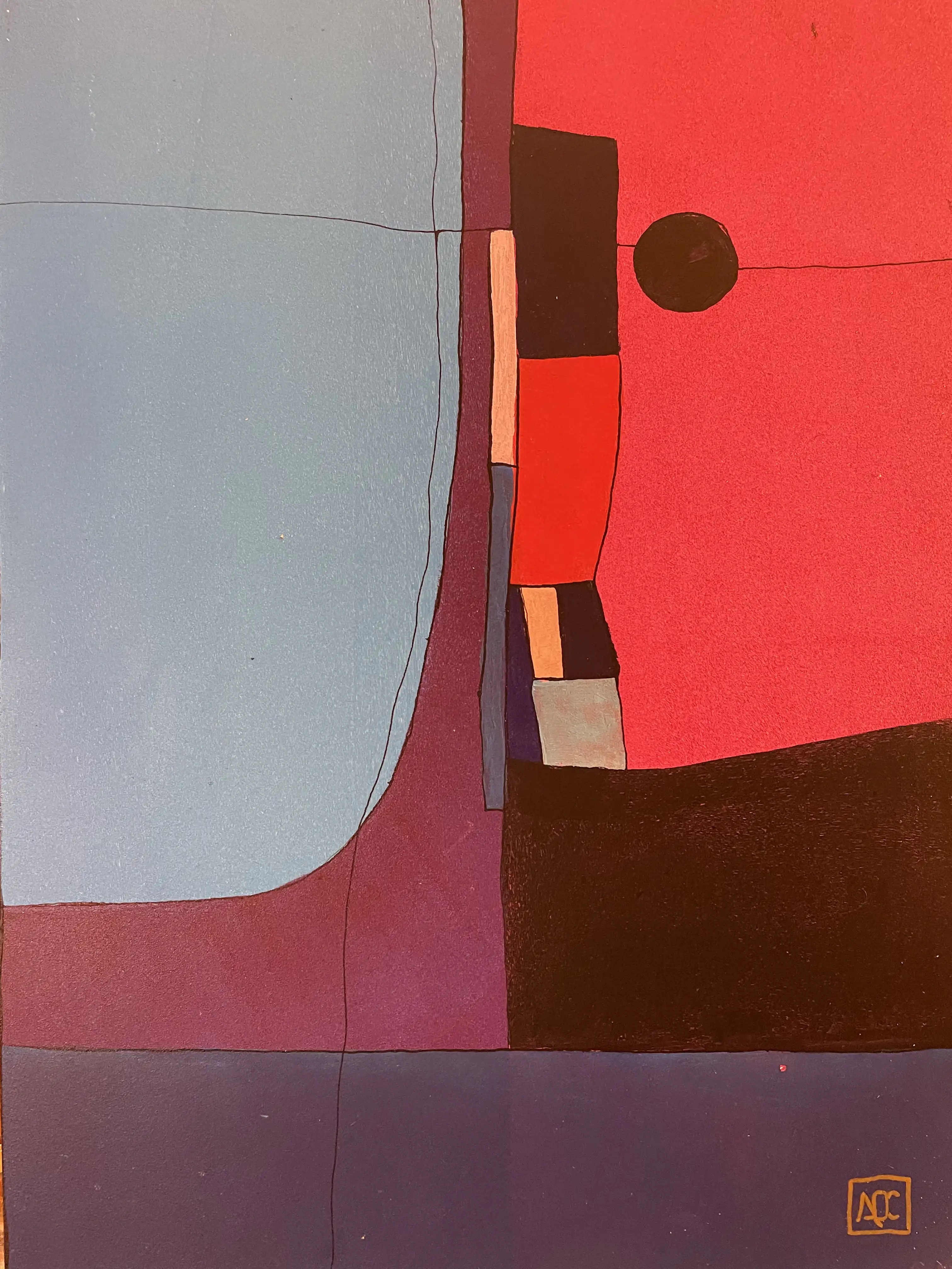 F Minor - Variation 12 by Arnaud Quercy at Art Quam Anima — Acrylic Painting on Wood Panel, Acrylic painting with steel gray and red-orange geometric forms translating F minor piano harmonies into color relationships