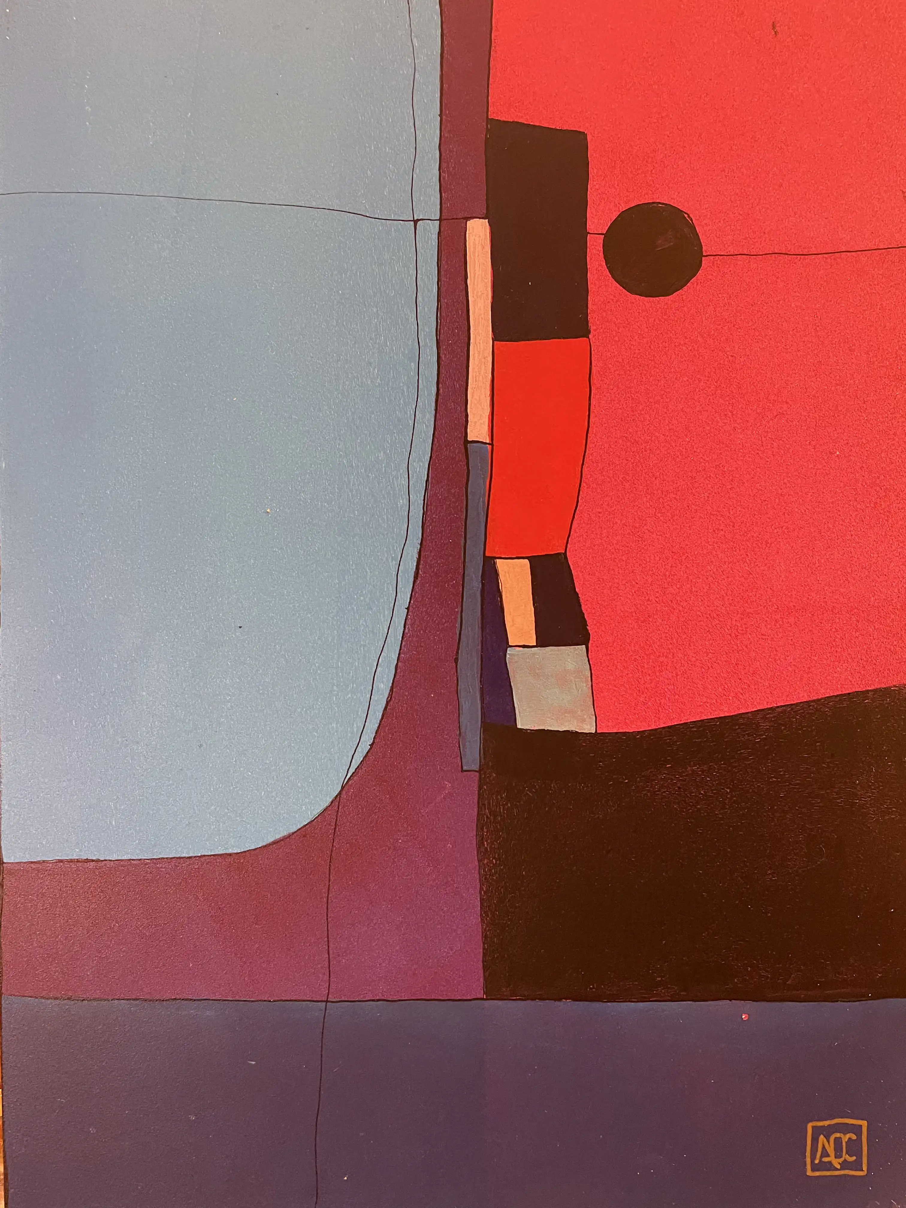 Acrylic painting with steel gray and red-orange geometric forms translating F minor piano harmonies into color relationships