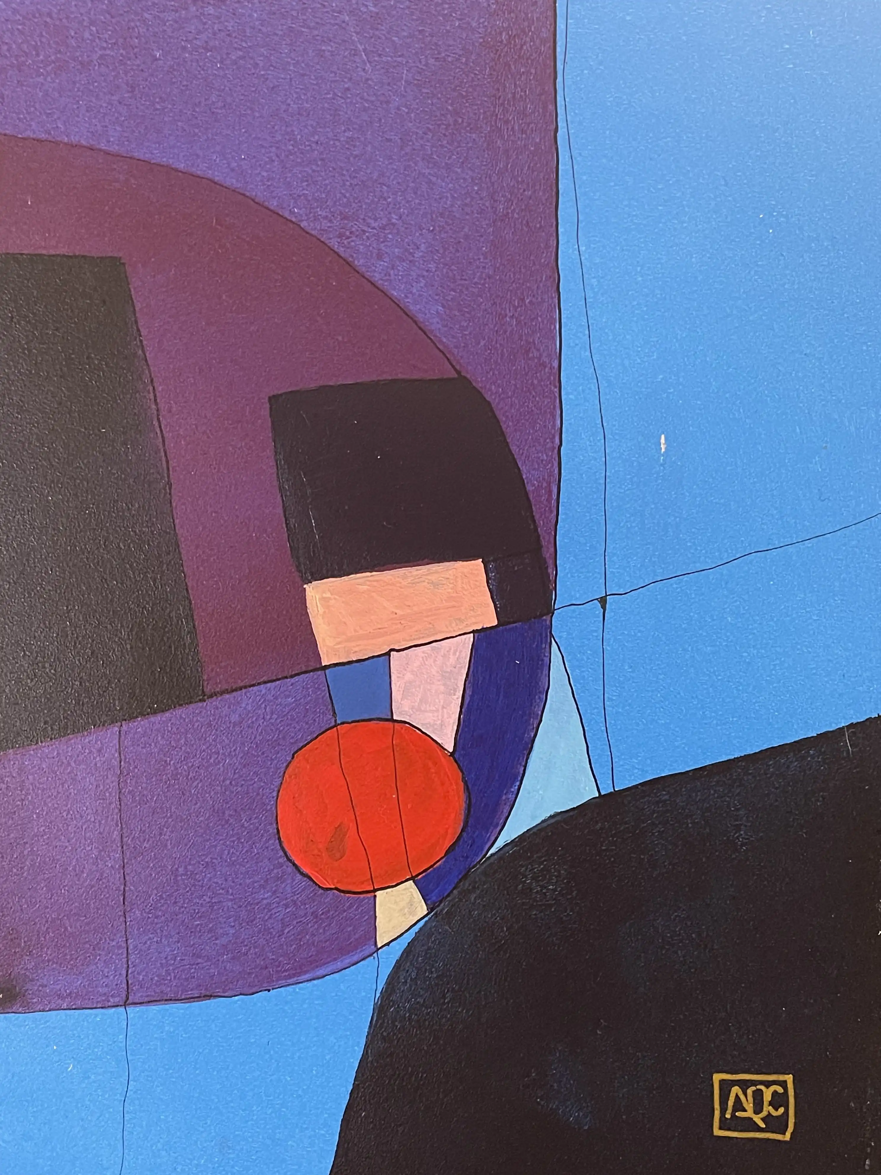 Abstract geometric painting with dark red, bright blue, and purple curved forms arranged in harmonic color relationships