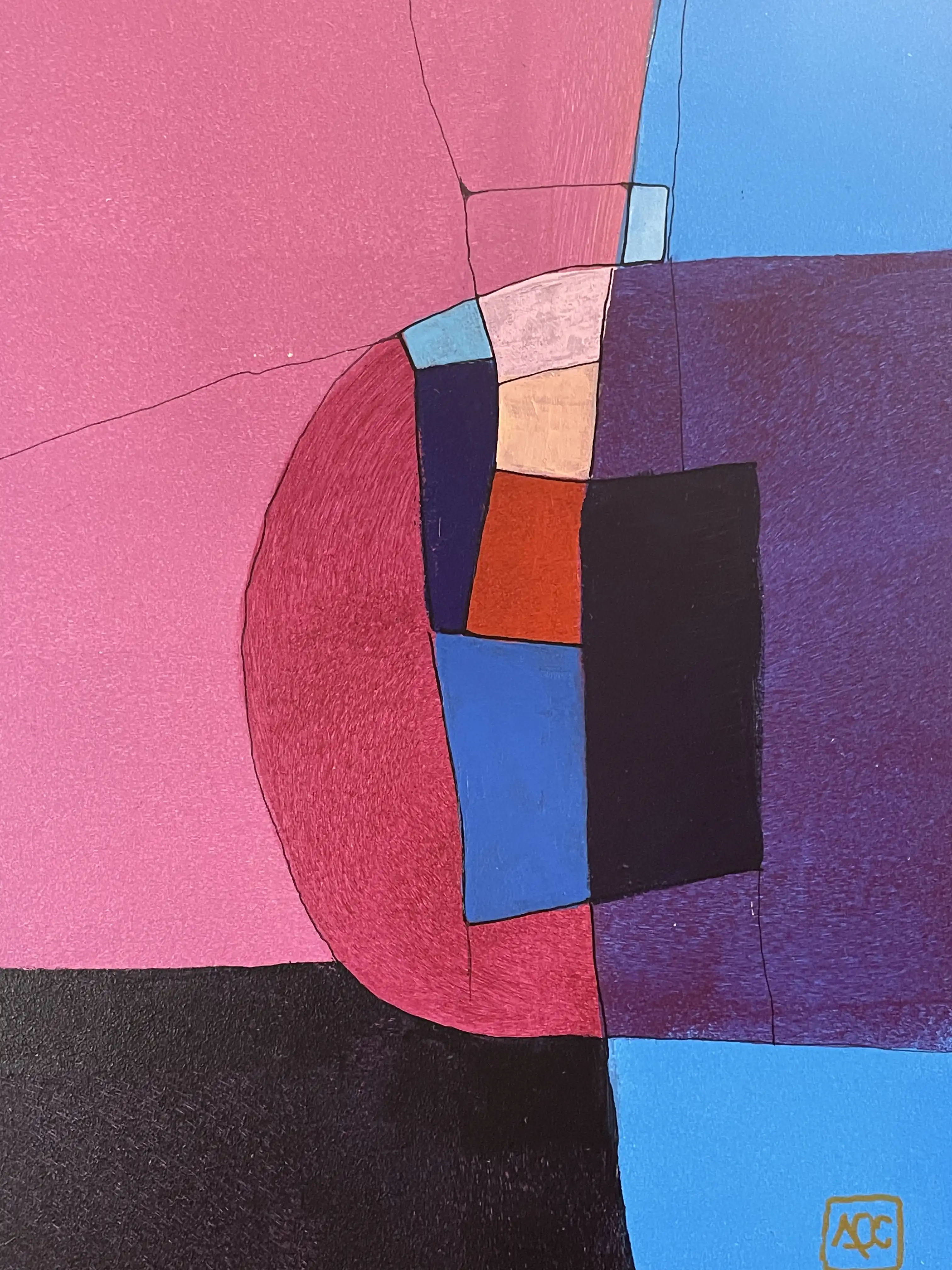 Geometric acrylic painting with pale violet-red circles, dark gray areas, and blue accents in overlapping forms