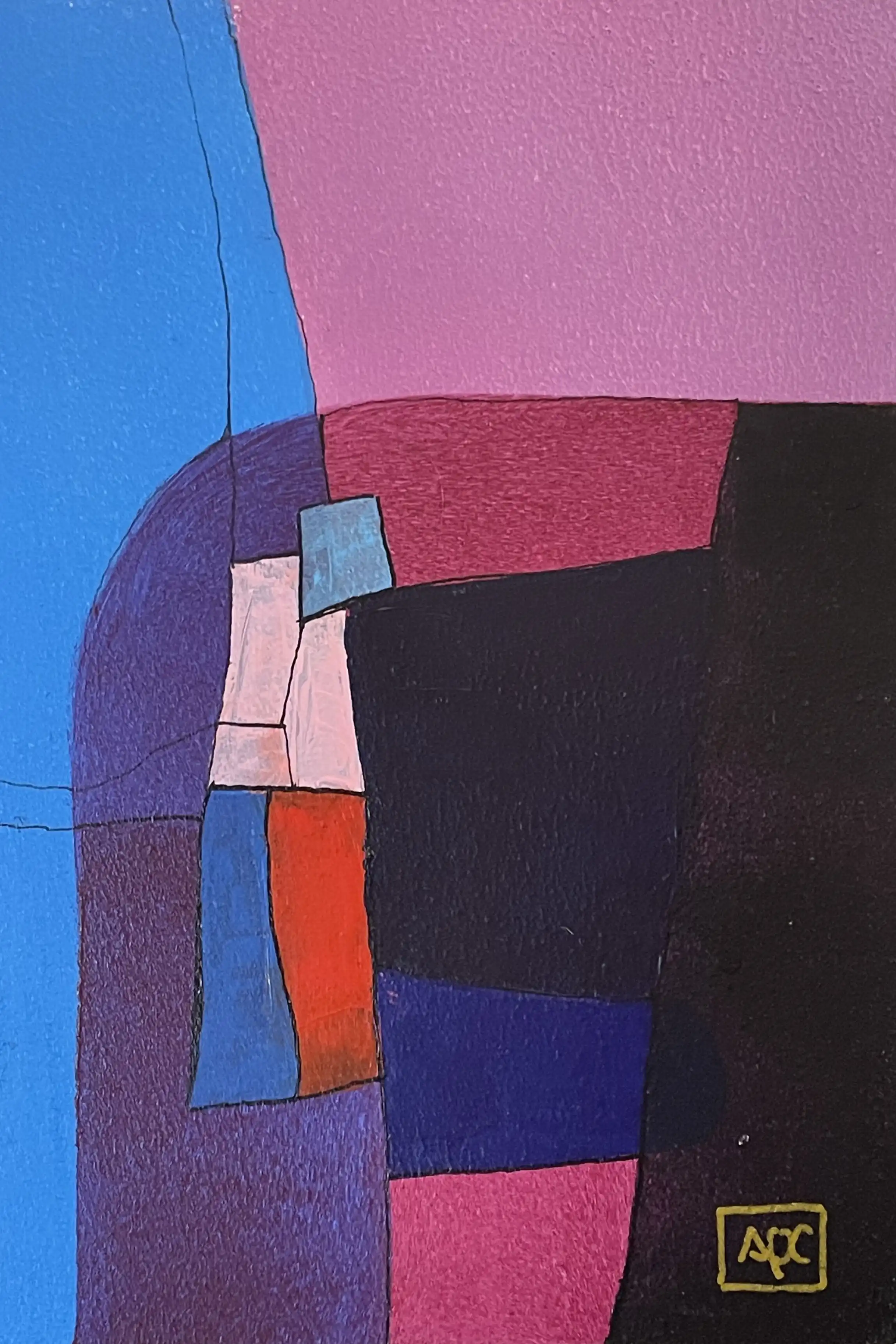 Peinture acrylique géométrique : formes rouge-violet, bleues et mauves avec structure courbe sur panneau de bois