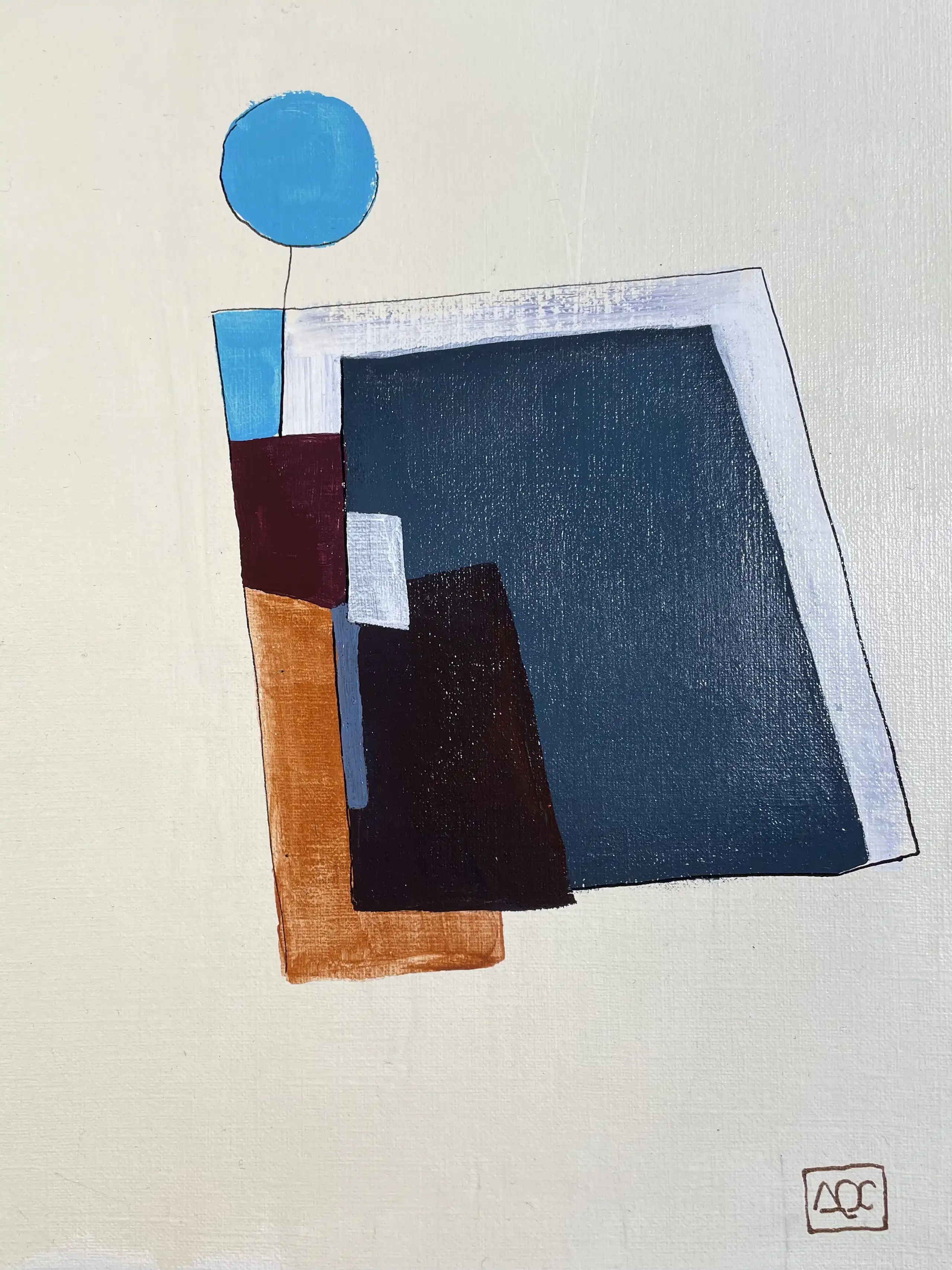 F minor - Variation 2 by Arnaud Quercy at Art Quam Anima — Acrylic Painting on Paper, Acrylic painting with overlapping geometric shapes in light gray, yellow, blue-violet, and orange tones