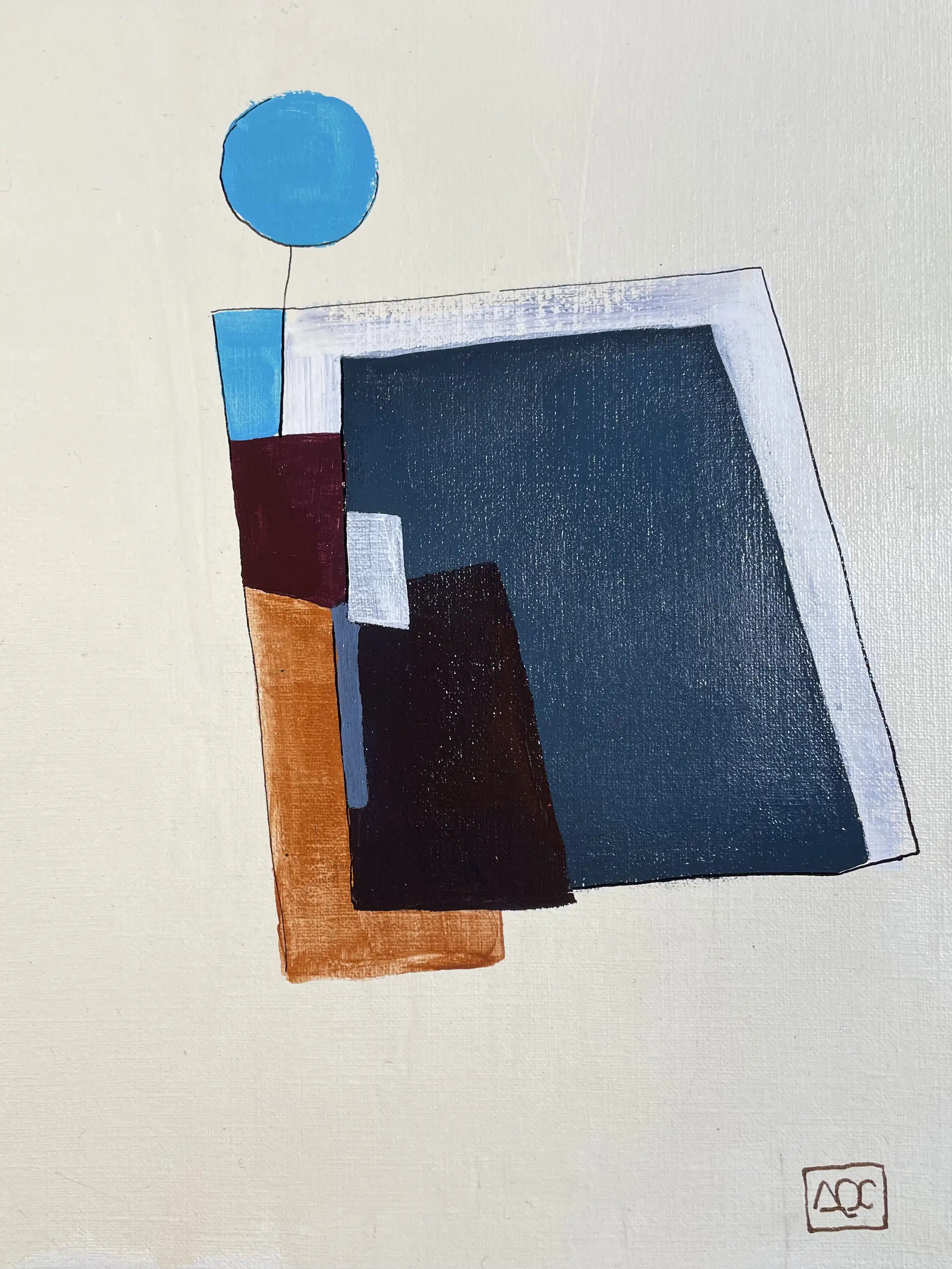 Acrylic painting with overlapping geometric shapes in light gray, yellow, blue-violet, and orange tones