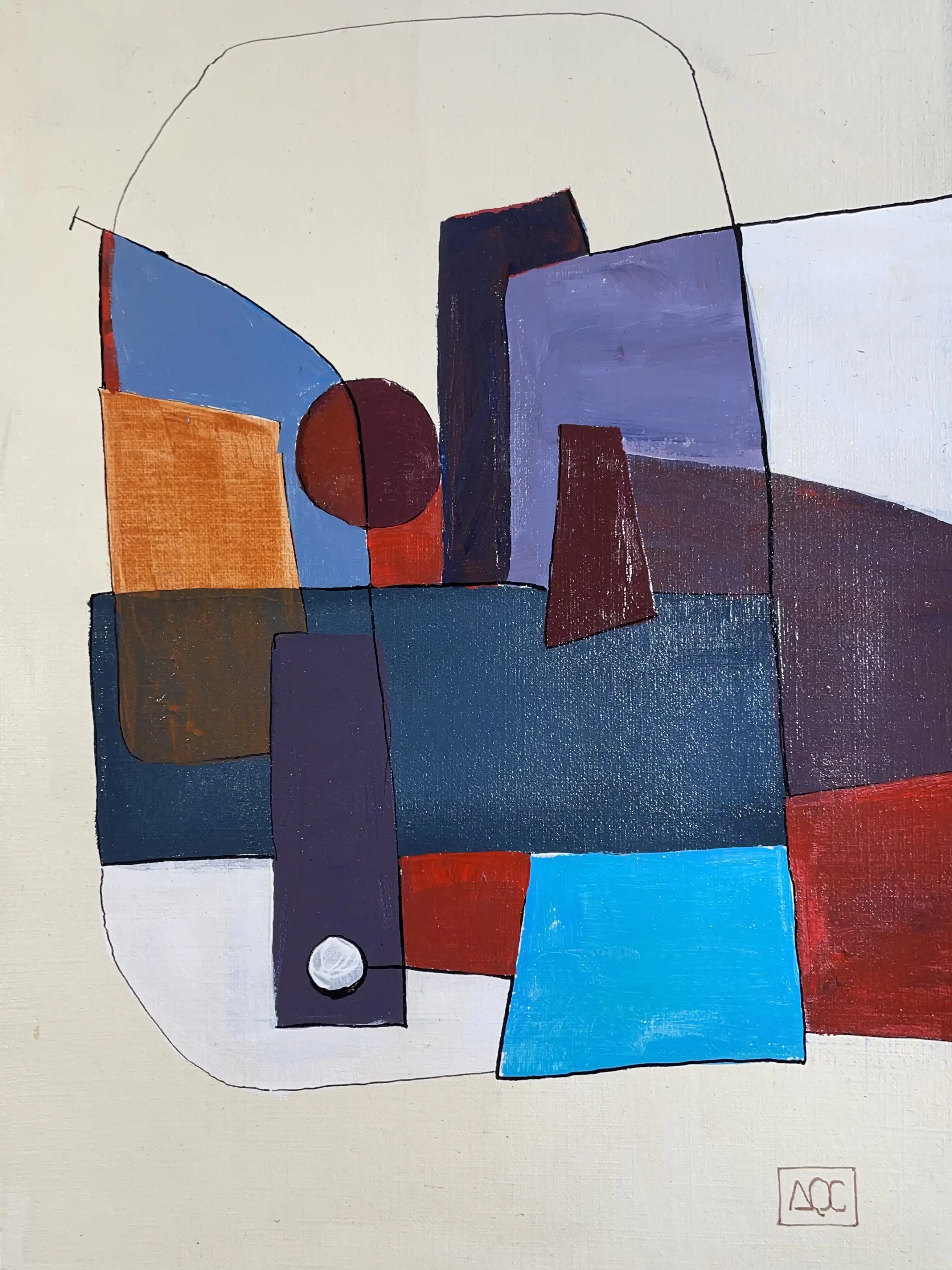 F minor - Variation 3 by Arnaud Quercy at Art Quam Anima — Acrylic Painting on Paper, Acrylic painting with overlapping geometric shapes in yellow-orange, violet, blue-violet, and red tones on paper