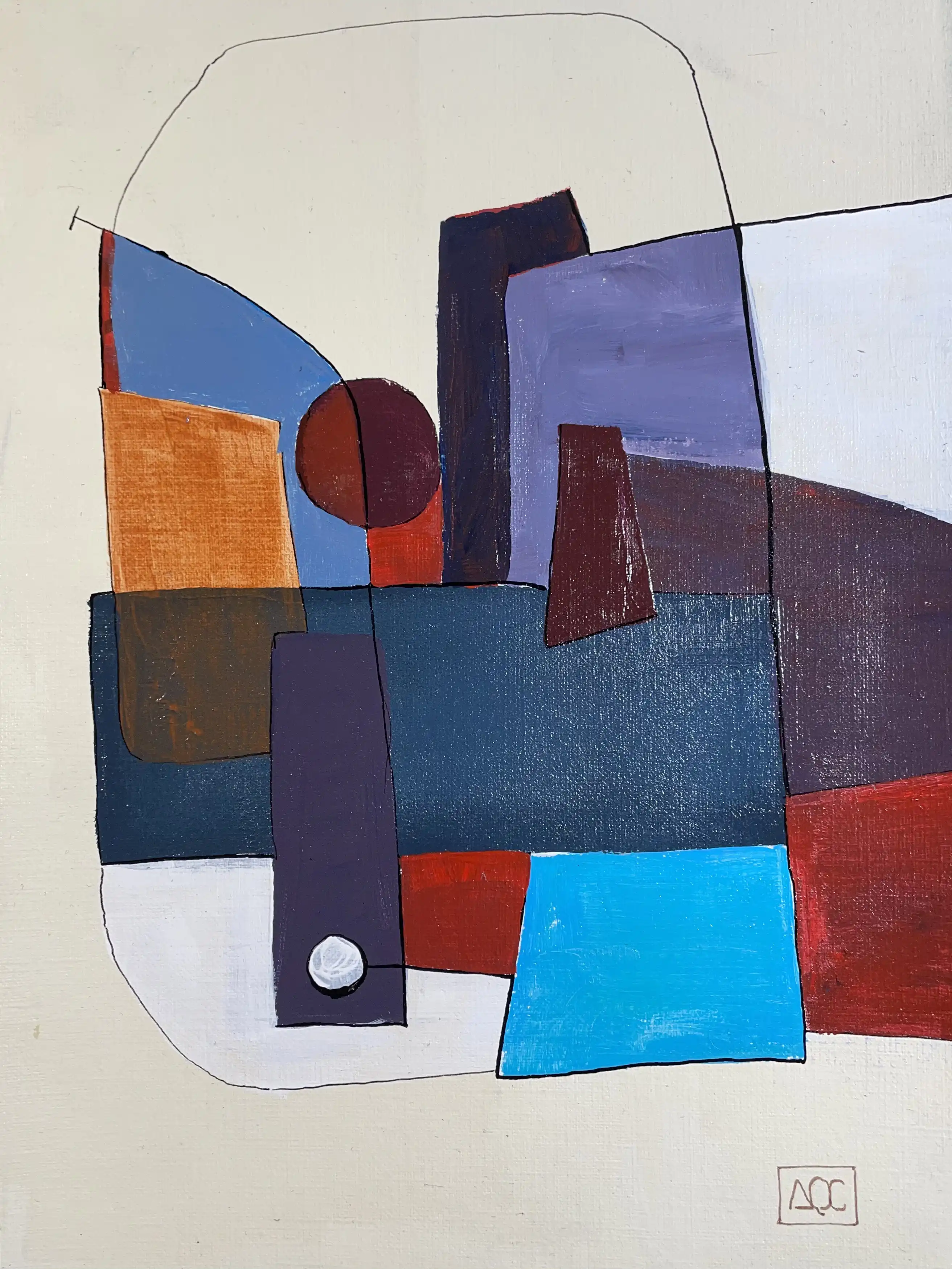 Peinture acrylique avec formes géométriques qui se chevauchent en tons jaune-orange, violet, bleu-violet et rouge sur papier