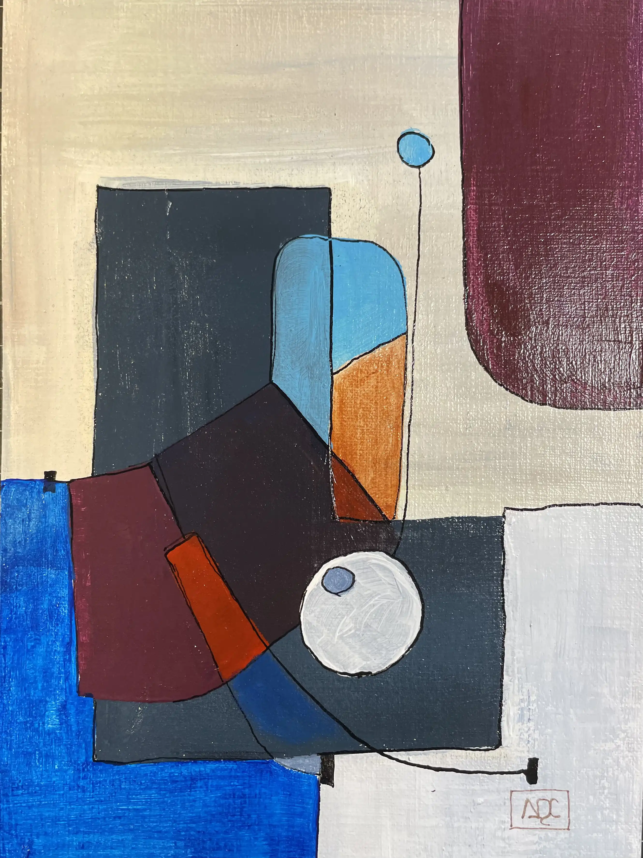 Acrylic painting: geometric shapes in blue, magenta, red, orange on cream paper, white circle accent
