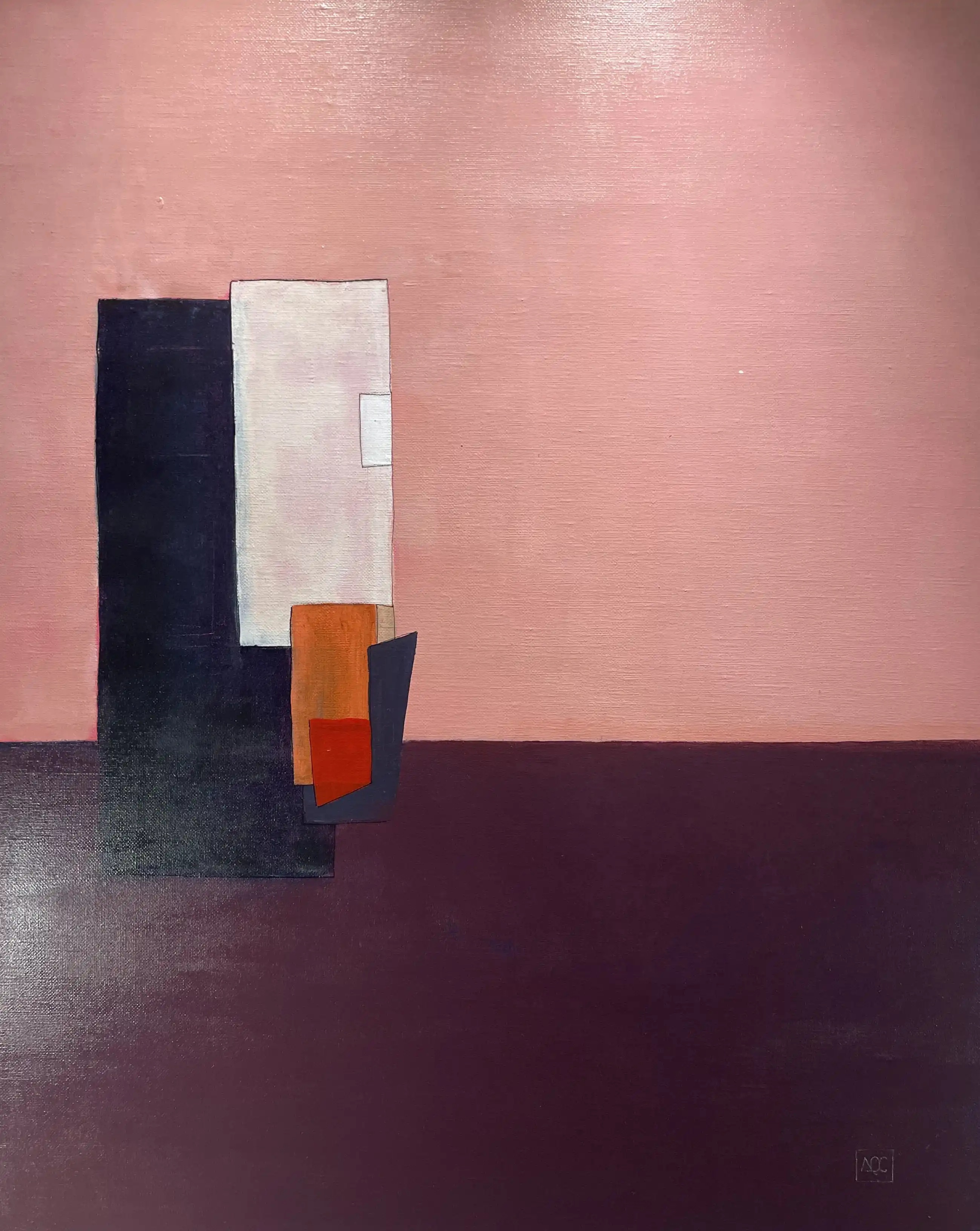 Fa Mineur - Variation 5 par Arnaud Quercy chez Art Quam Anima — peinture à l'huile sur toile de lin, Peinture à l'huile sur lin : formes géométriques rouge-violet sombre, rouge-orangé chaud et blush pâle, avec un unique accent gris acier, 73 × 60 cm