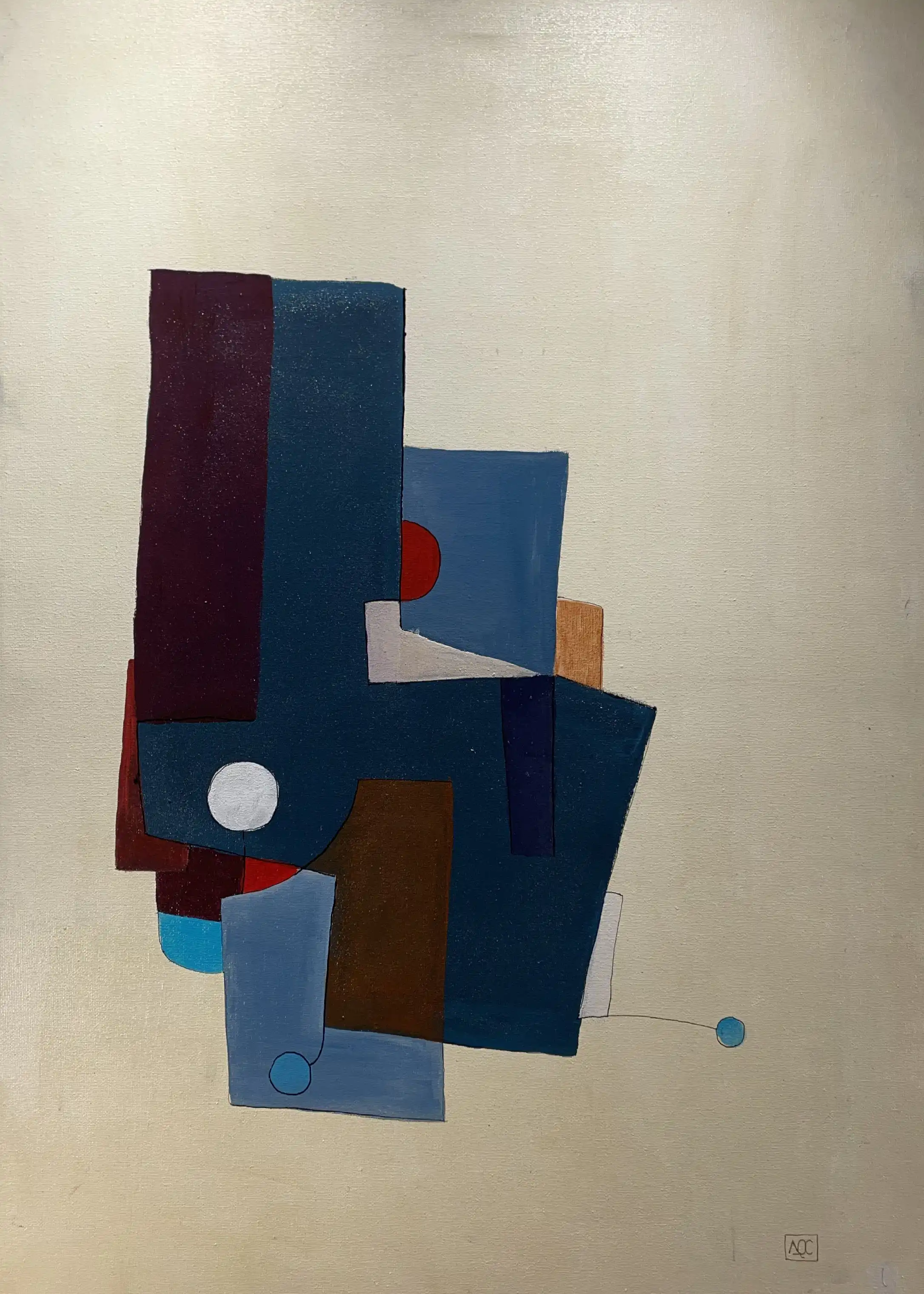 Acrylic painting translating F minor chord: yellow-orange dominates with dark indigo and red accents in geometric arrangement