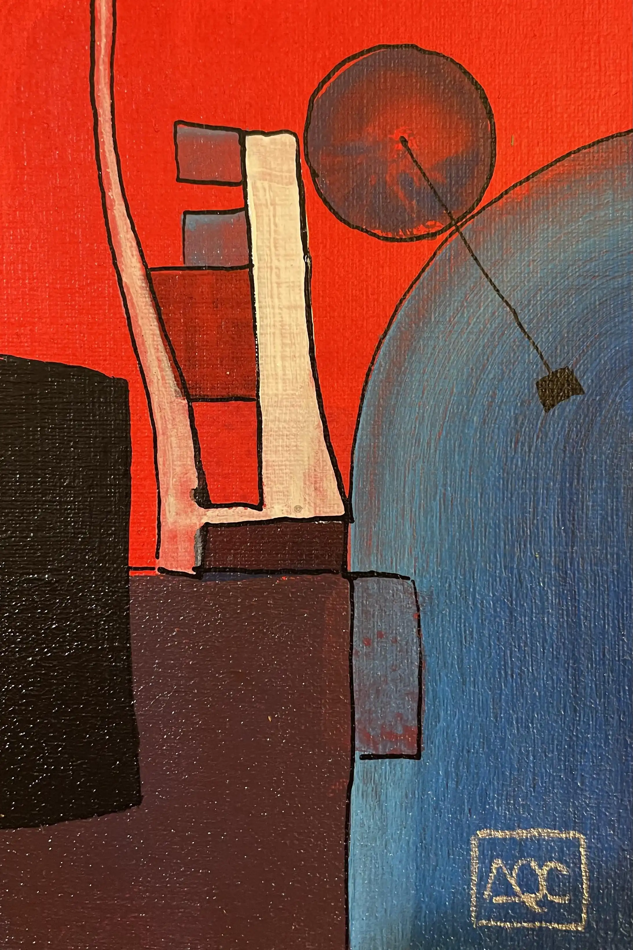 Acrylic painting: red-orange and blue-violet geometric forms with yellow and blue-green accents in vertical composition