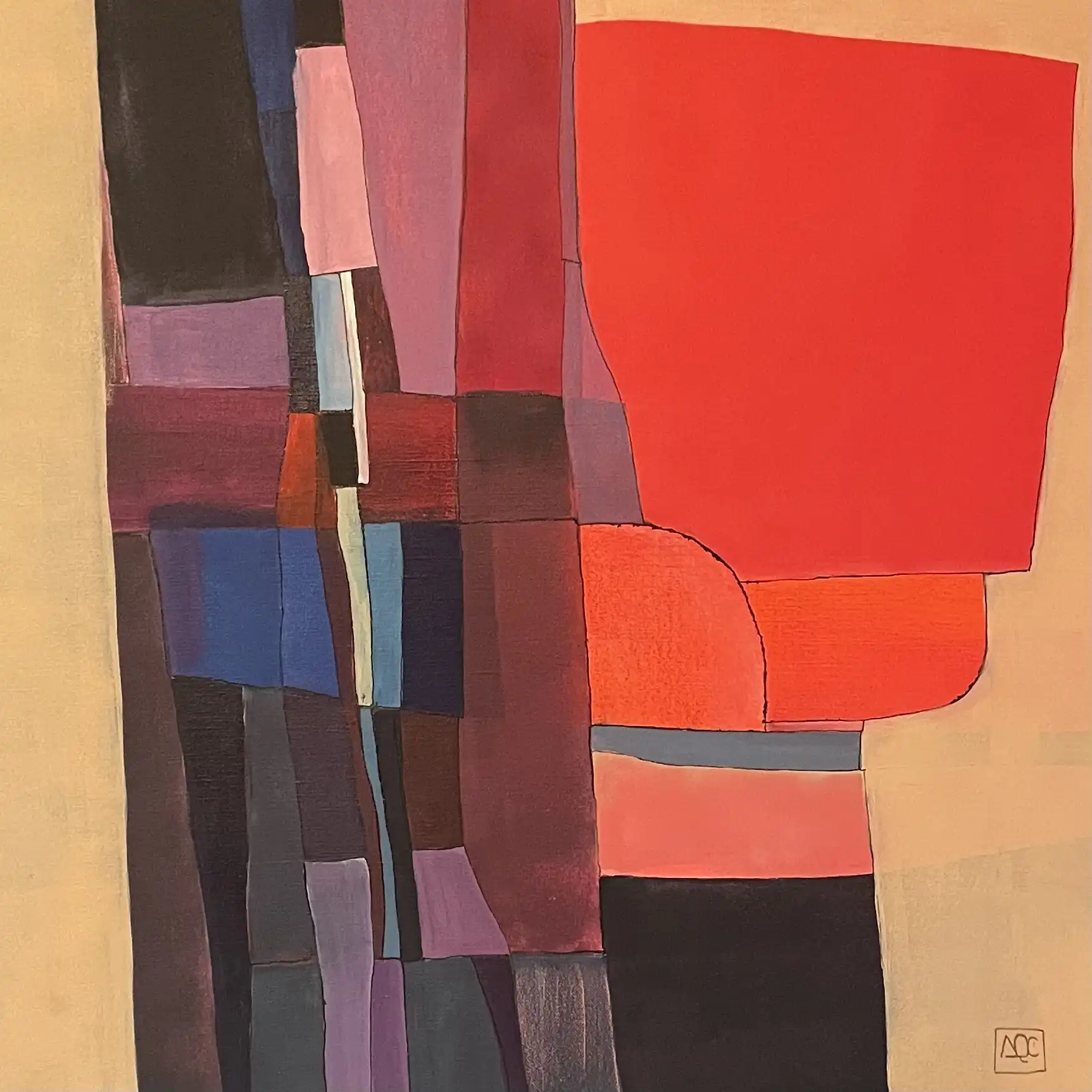 Abstract geometric painting: crimson and orange forms with dark structural elements and subtle color accents