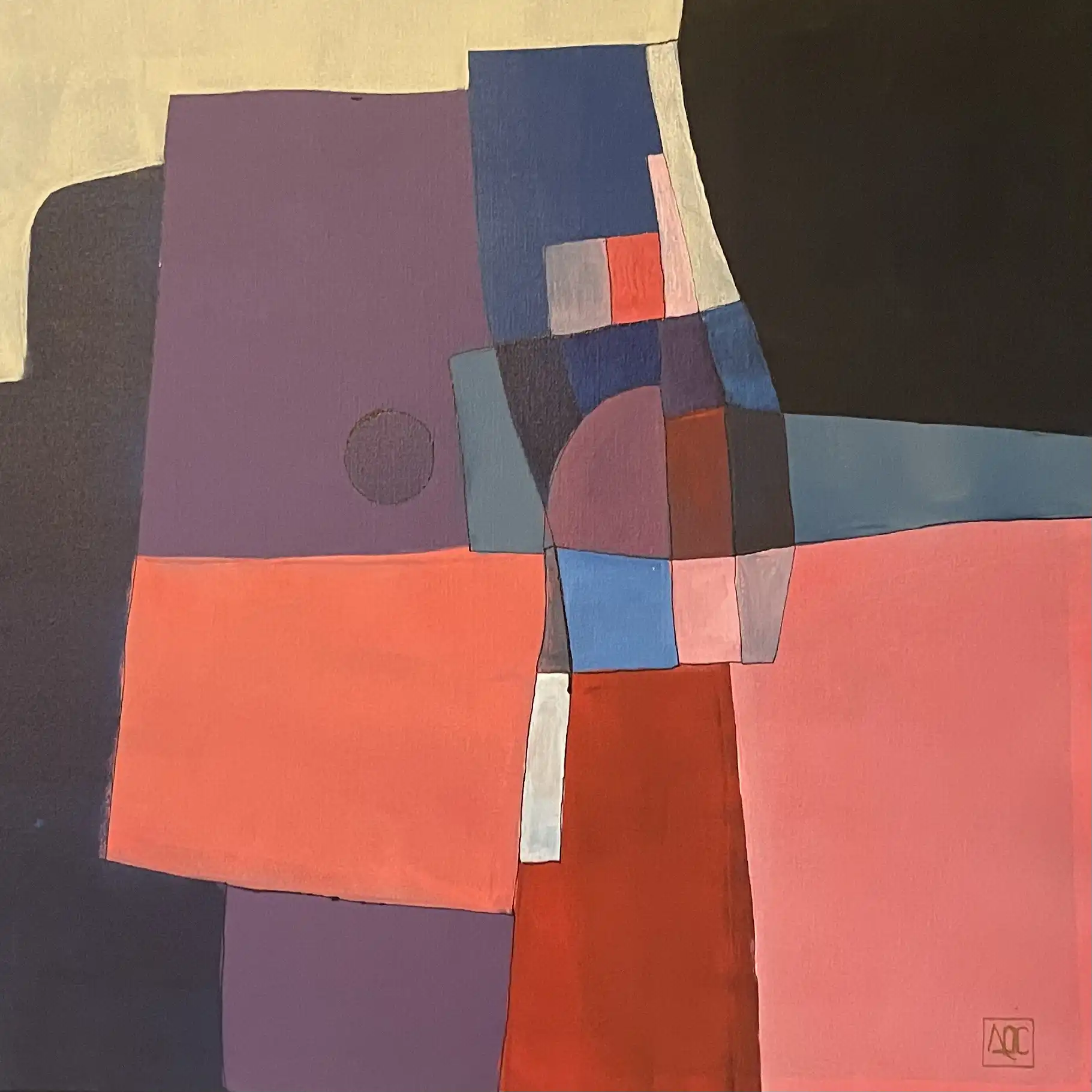 Abstract acrylic painting with red, coral, and blue geometric forms translating F minor chord into color relationships