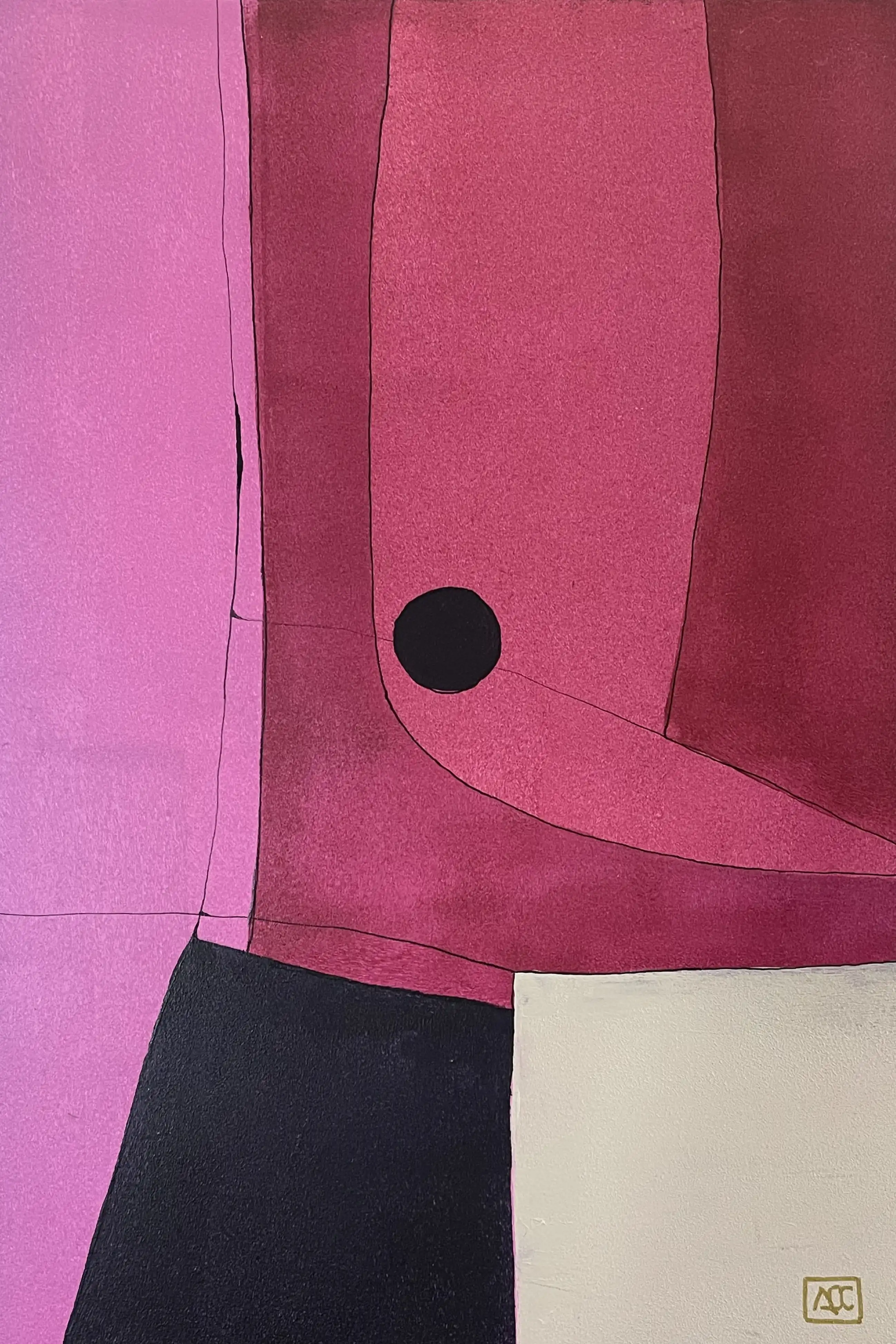 Peinture acrylique avec formes géométriques en tons rouges et roses, présentant des formes courbes et un petit accent de cercle noir