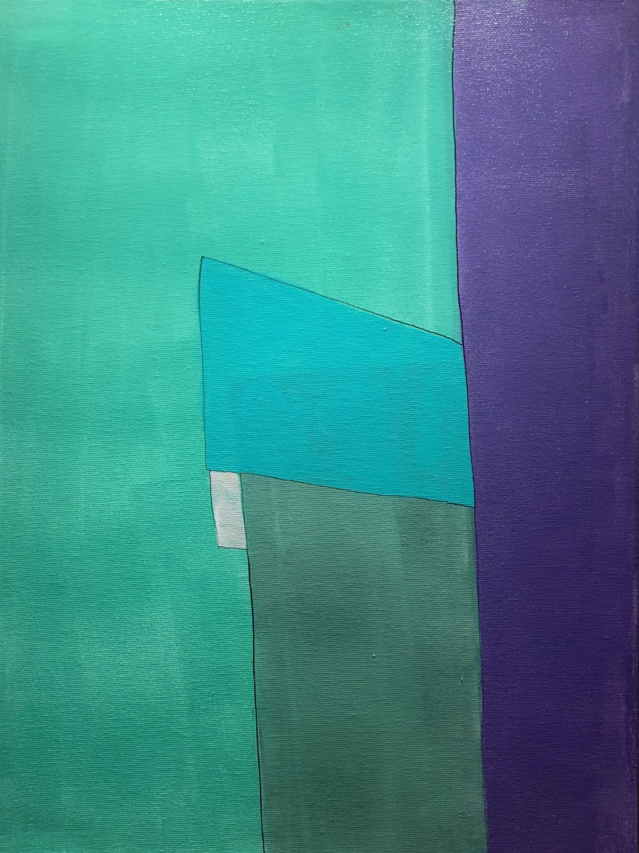 Acrylic painting with geometric green, violet, and blue-green forms arranged in overlapping planes on canvas