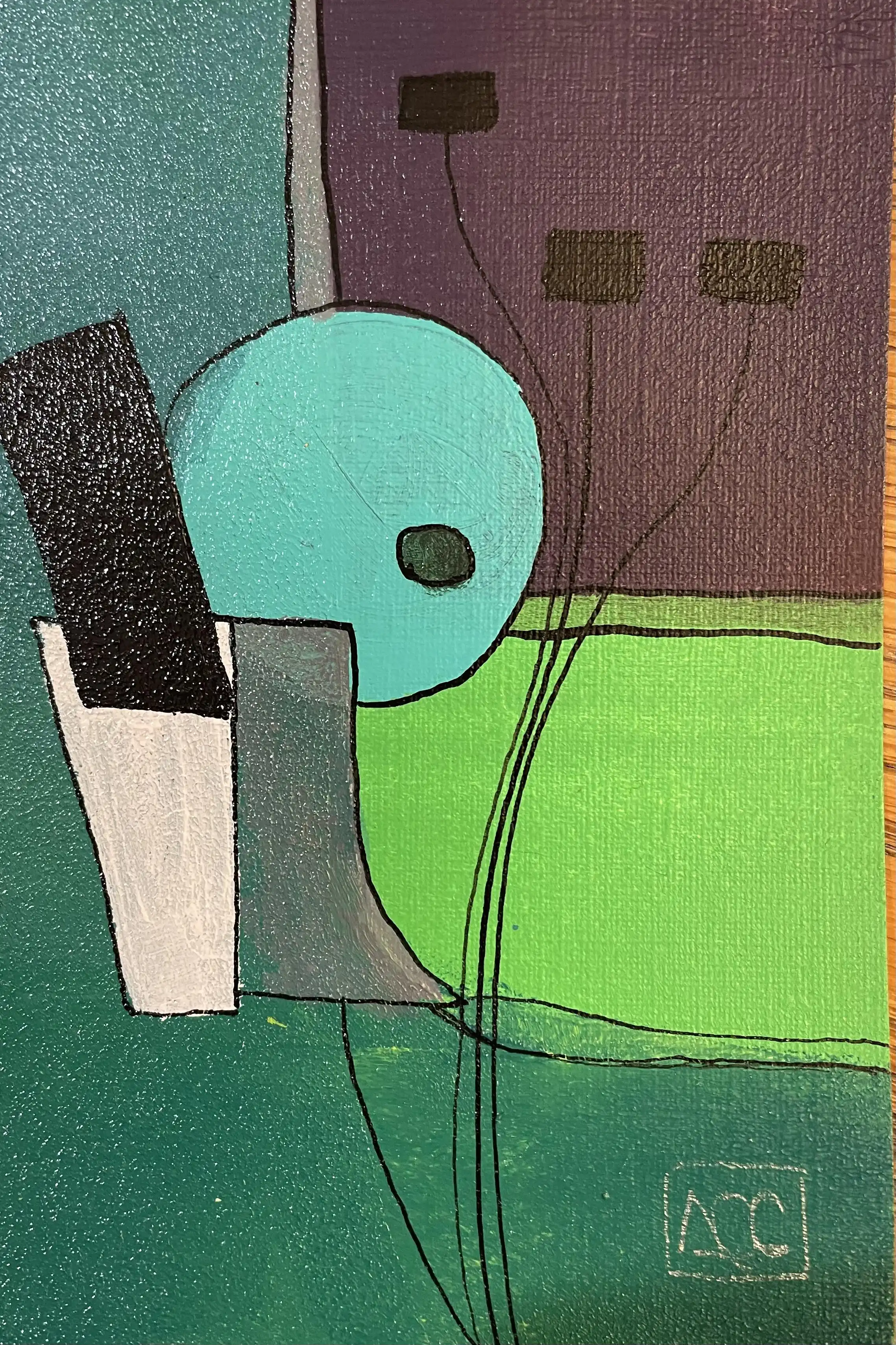 Peinture acrylique avec formes géométriques en jaune-vert, rouge-orange et aquamarine, présentant des sections circulaires et angulaires