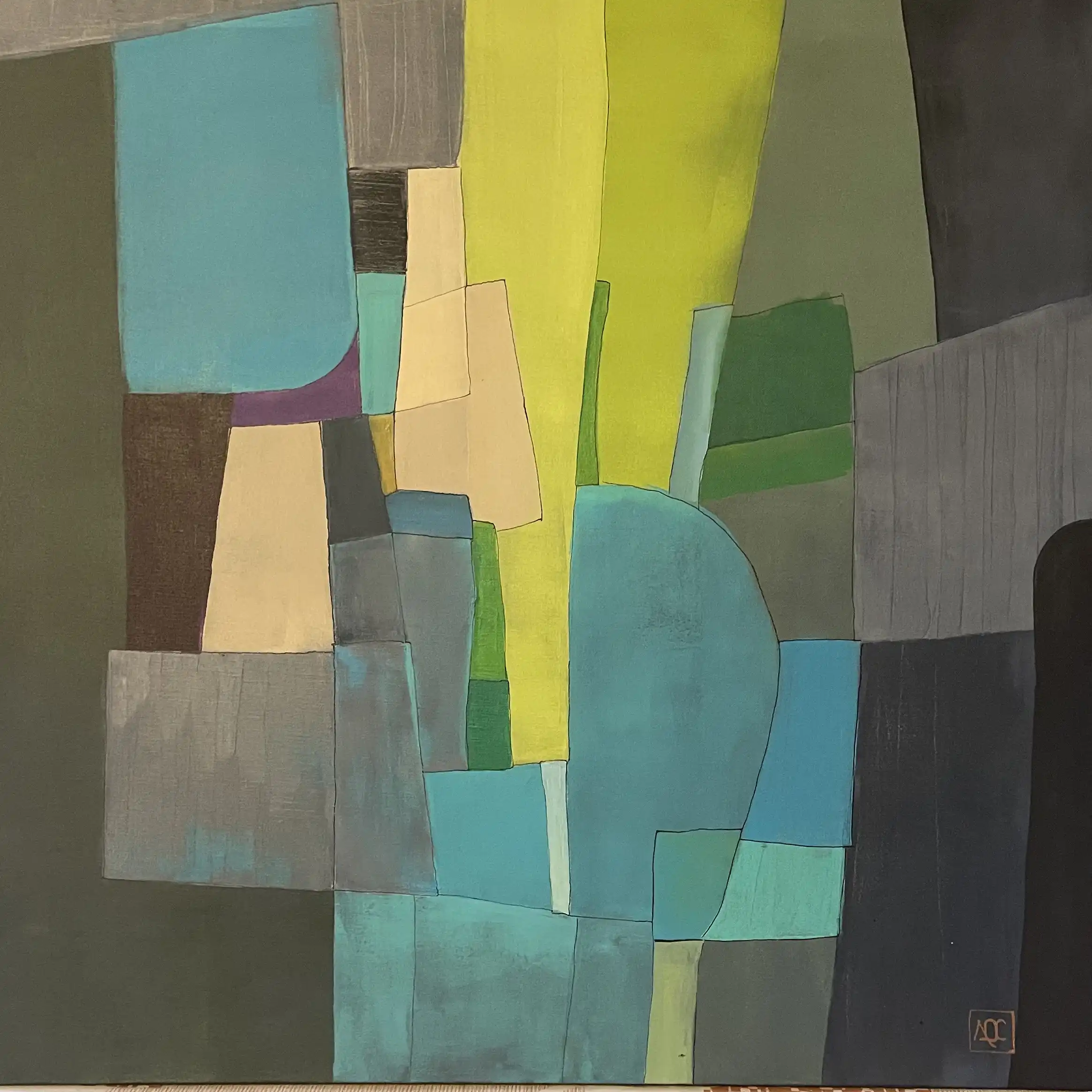 Peinture acrylique : formes géométriques en jaune-brun, bleu-vert et gris arrangées en composition carrée