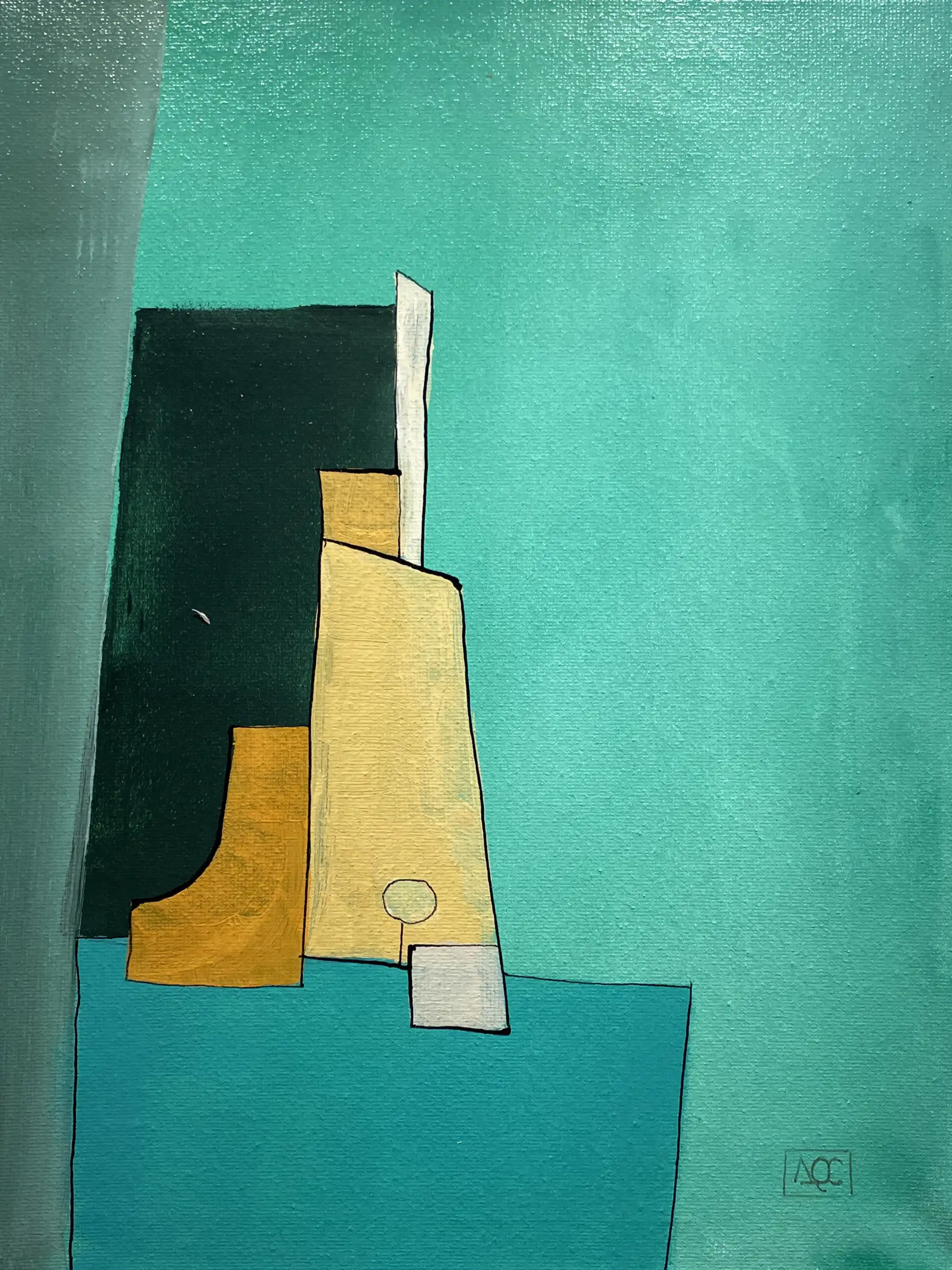 Peinture acrylique : formes géométriques vertes avec accents jaune-orange arrangées verticalement sur fond turquoise